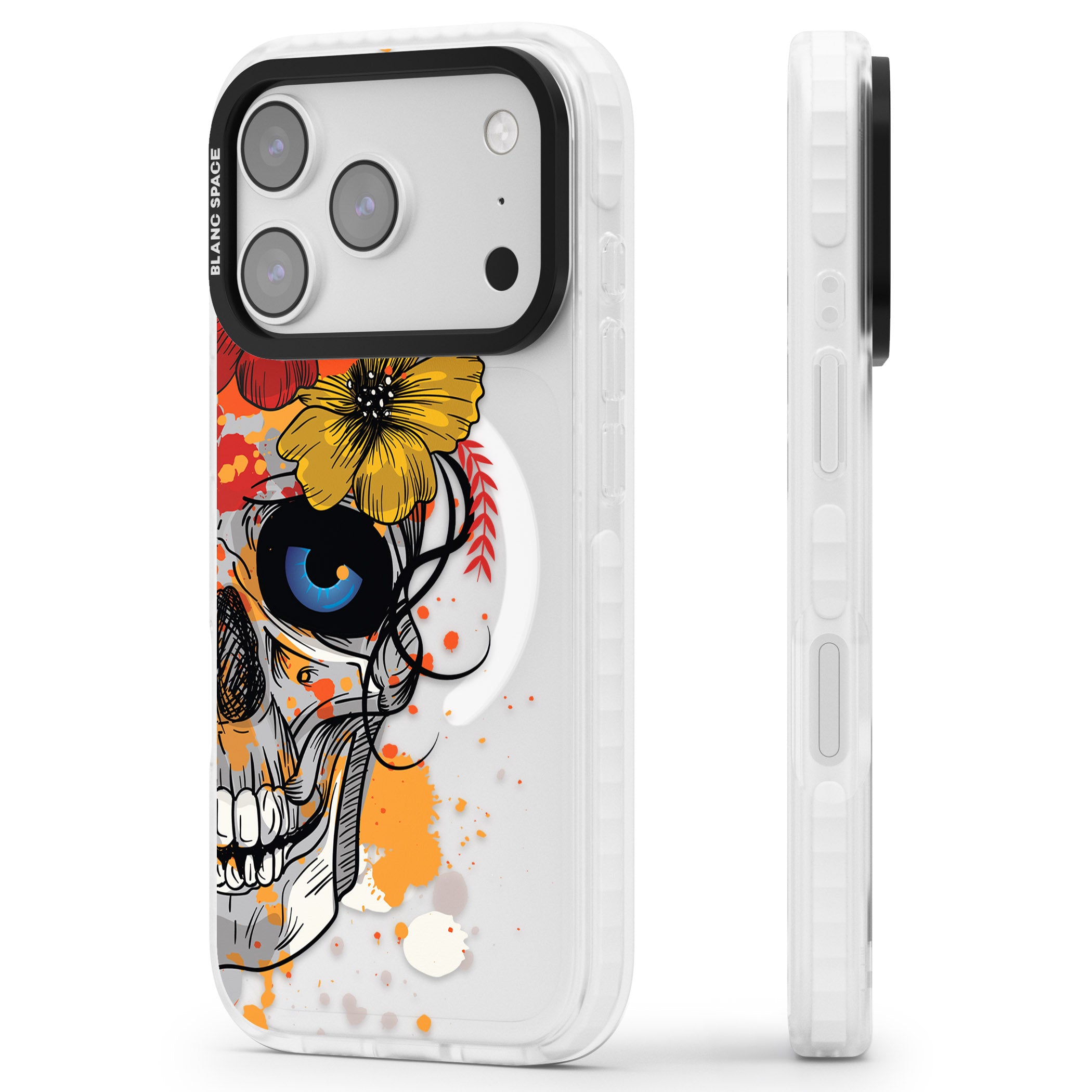 Sugar Skull Flowers iPhone 17 Pro Max Impact Pro Clear Phone Case Side Profile
