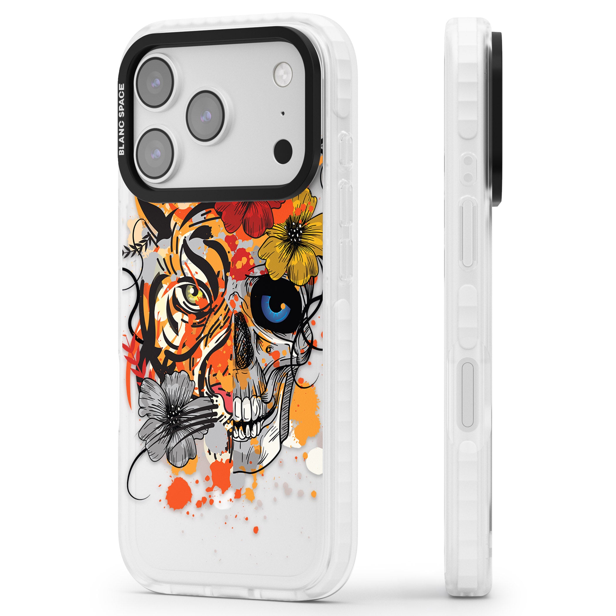 Sugar Skull Tiger Floral iPhone 17 Pro Max Impact Pro Clear Phone Case Side Profile
