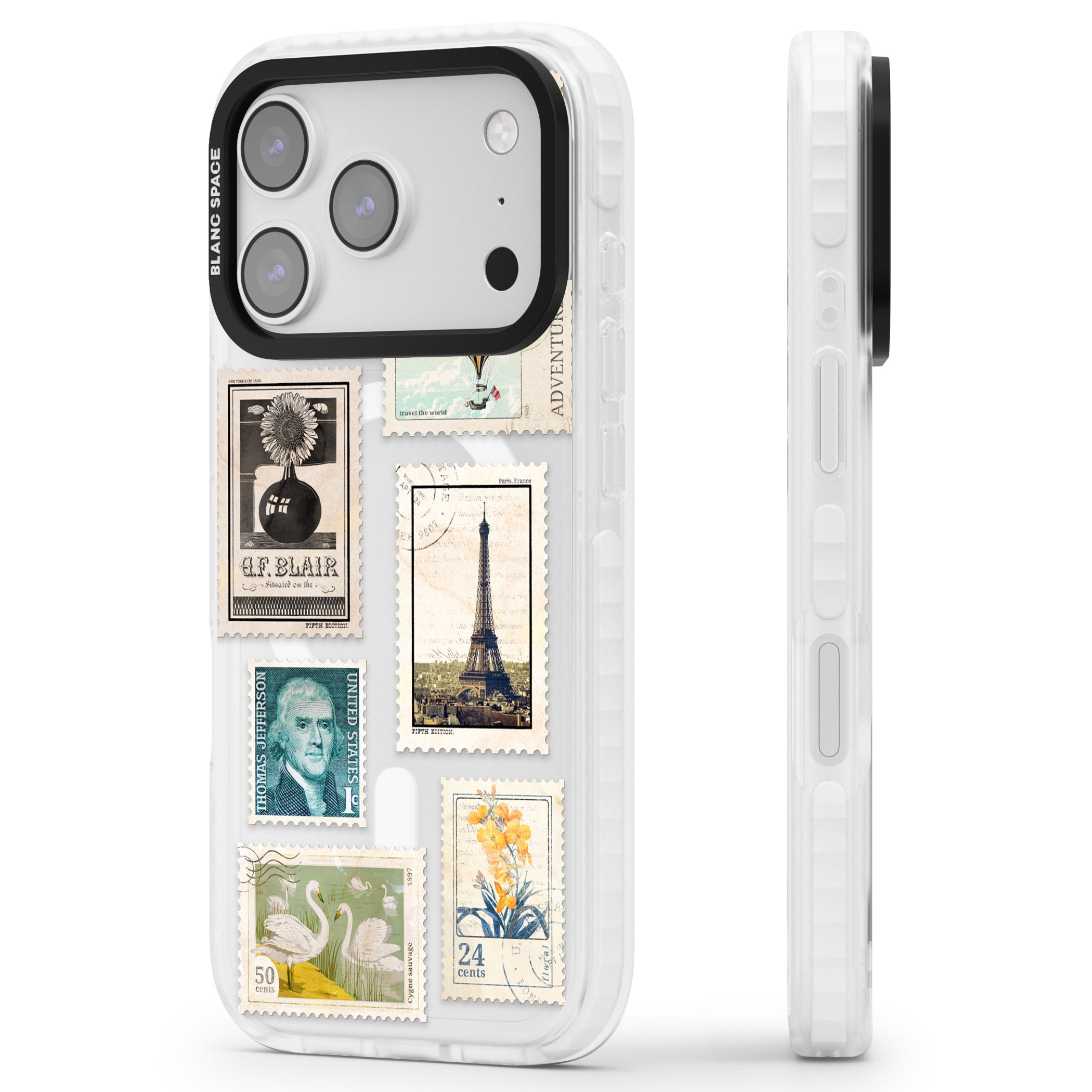 Vintage Stamps iPhone 17 Pro Max Impact Pro Clear Phone Case Side Profile