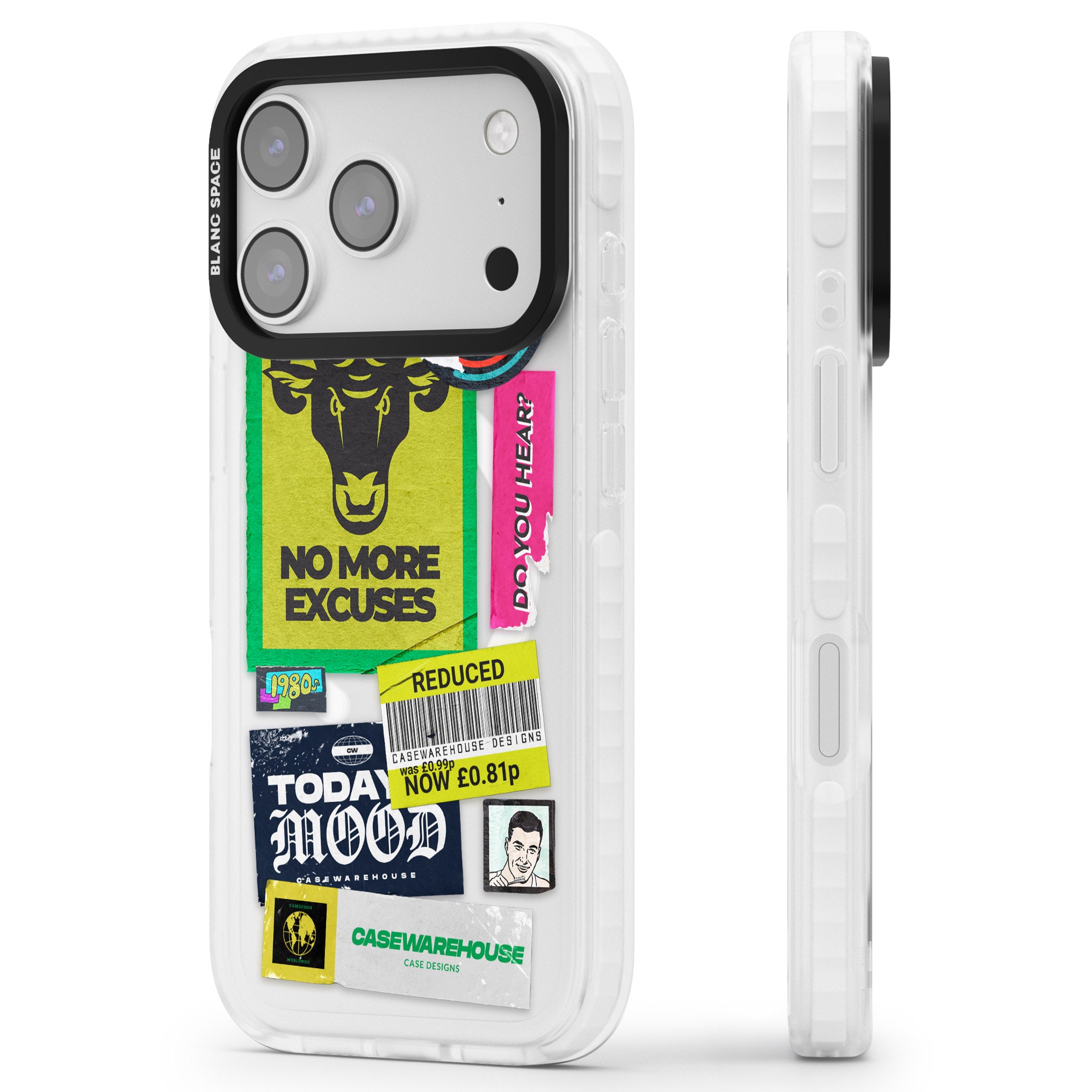 No More Excuses Sticker Mix iPhone 17 Pro Max Impact Pro Clear Phone Case Side Profile