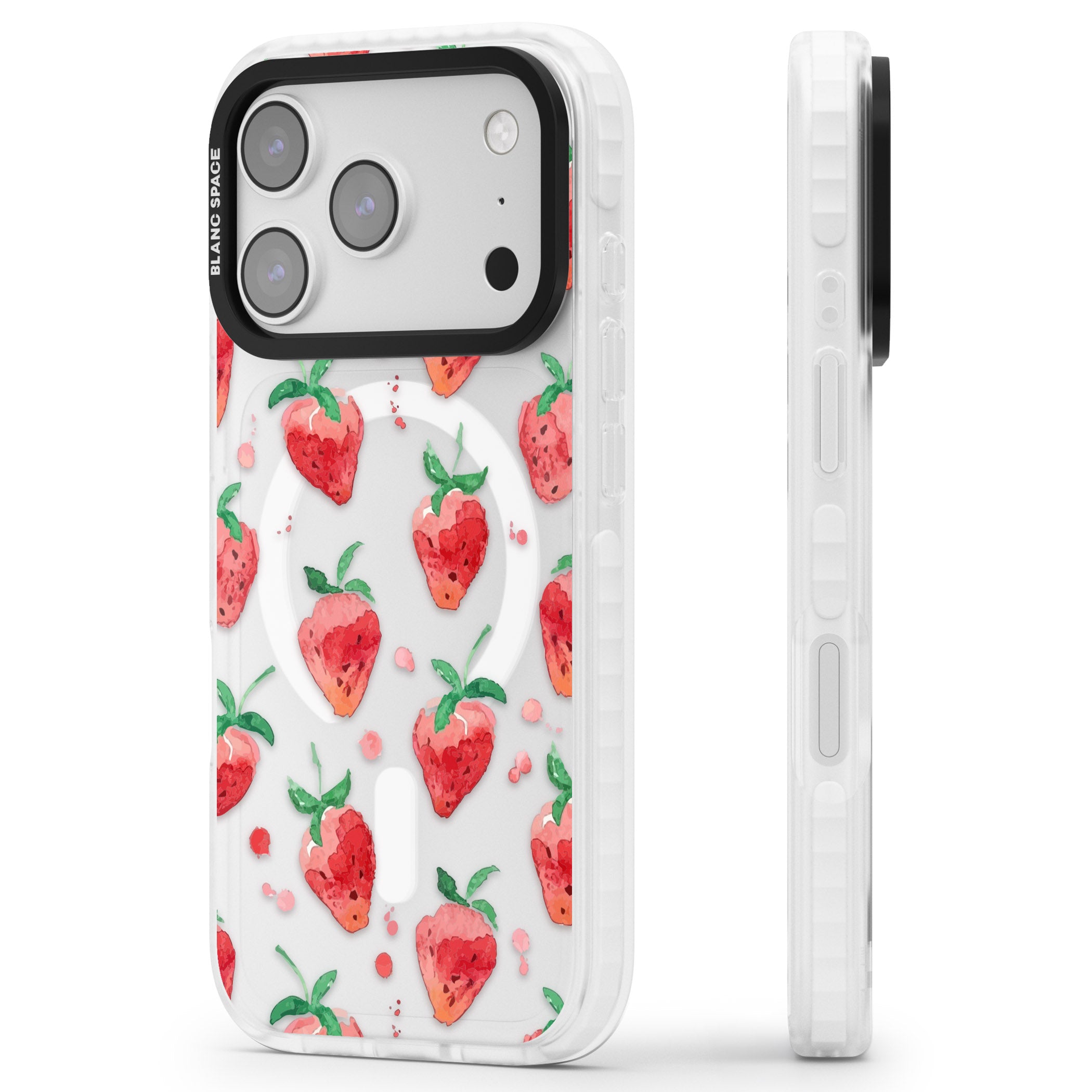 Strawberry Watercolour iPhone 17 Pro Max Impact Pro Clear Phone Case Side Profile