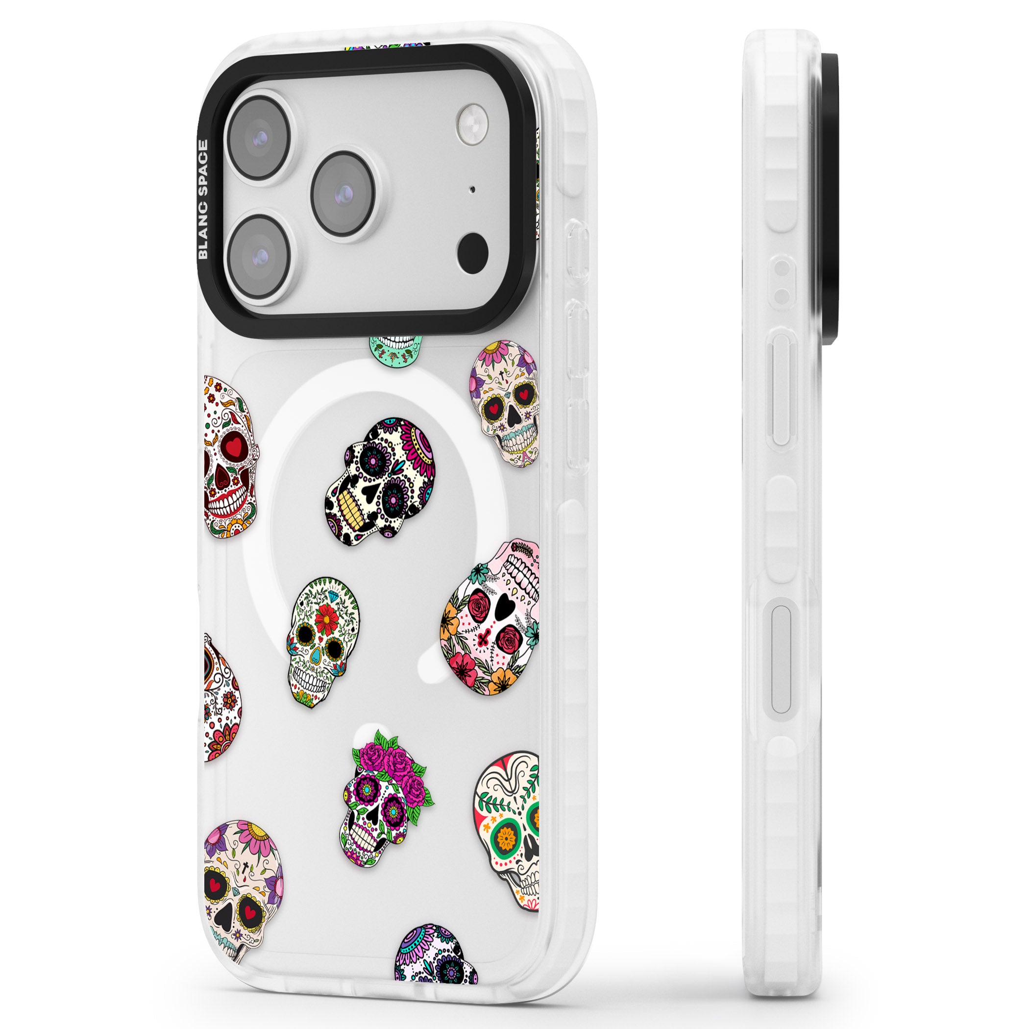 Mixed Sugar Skull Pattern iPhone 17 Pro Max Impact Pro Clear Phone Case Side Profile