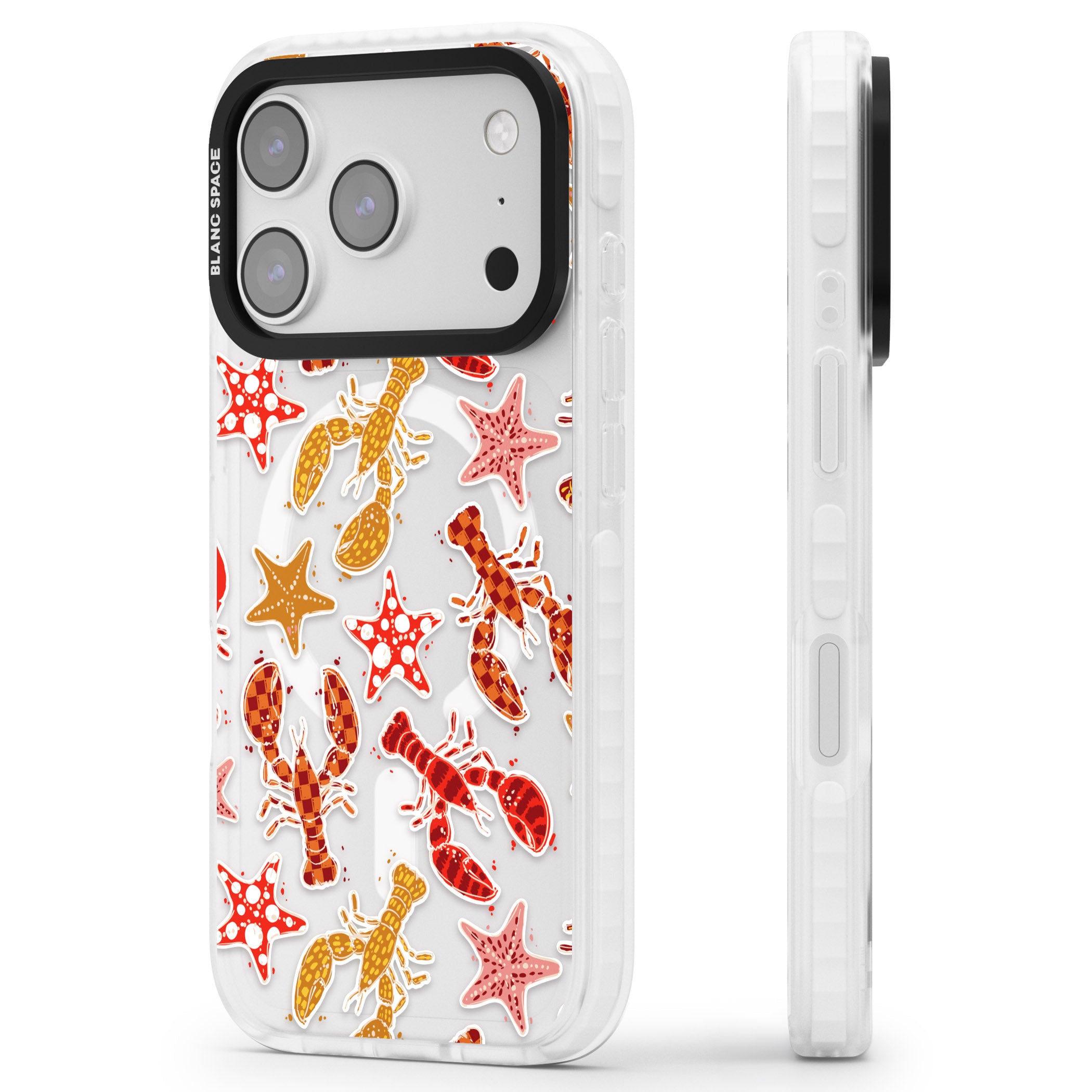 Lobster & Starfish Coastal Pattern iPhone 17 Pro Max Impact Pro Clear Phone Case Side Profile