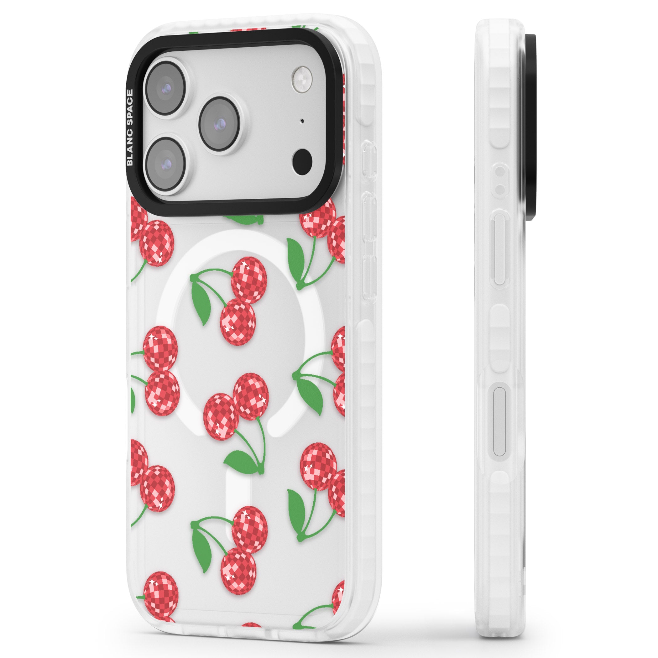 Disco Cherry Pattern iPhone 17 Pro Max Impact Pro Clear Phone Case Side Profile
