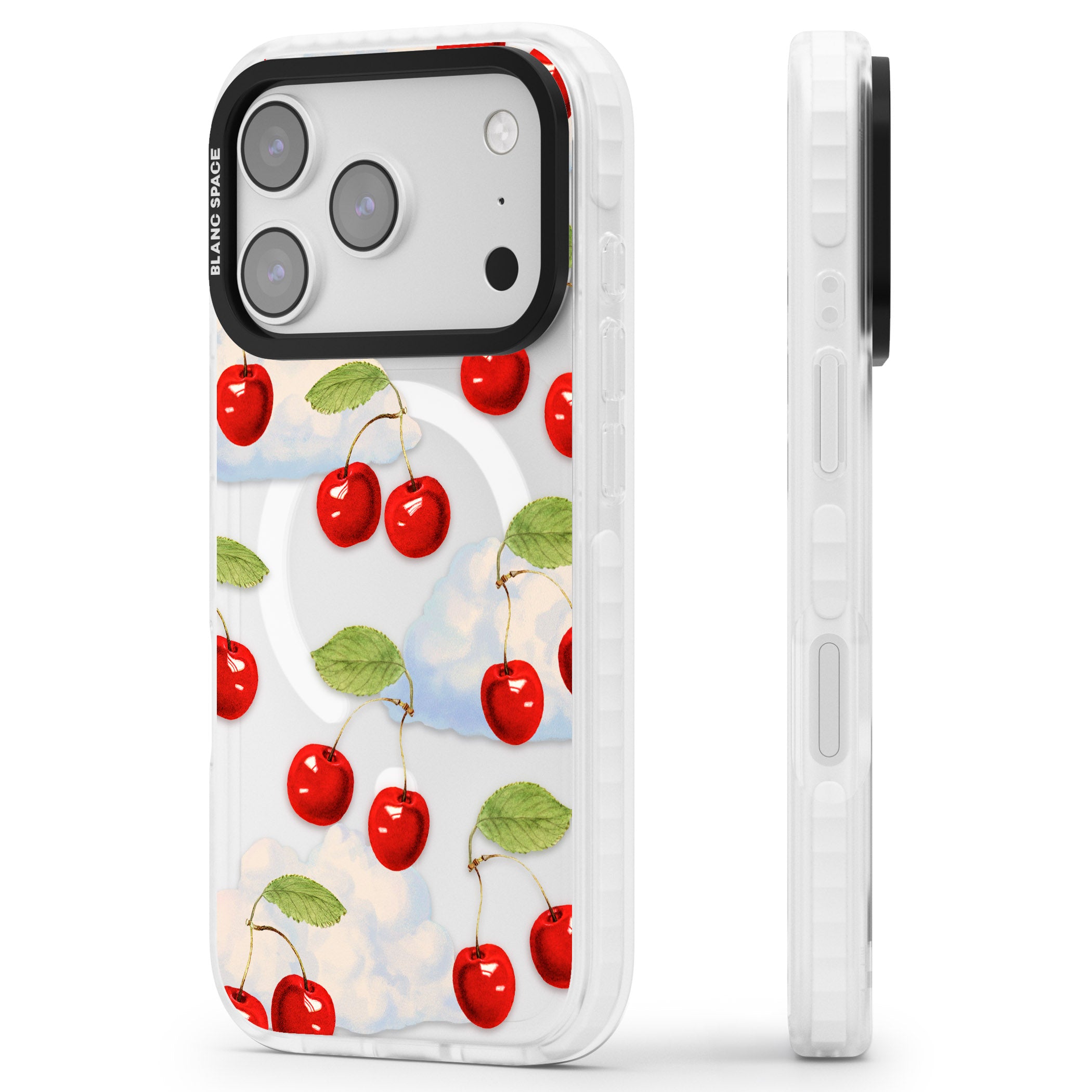 Vintage Cherries & Clouds iPhone 17 Pro Max Impact Pro Clear Phone Case Side Profile
