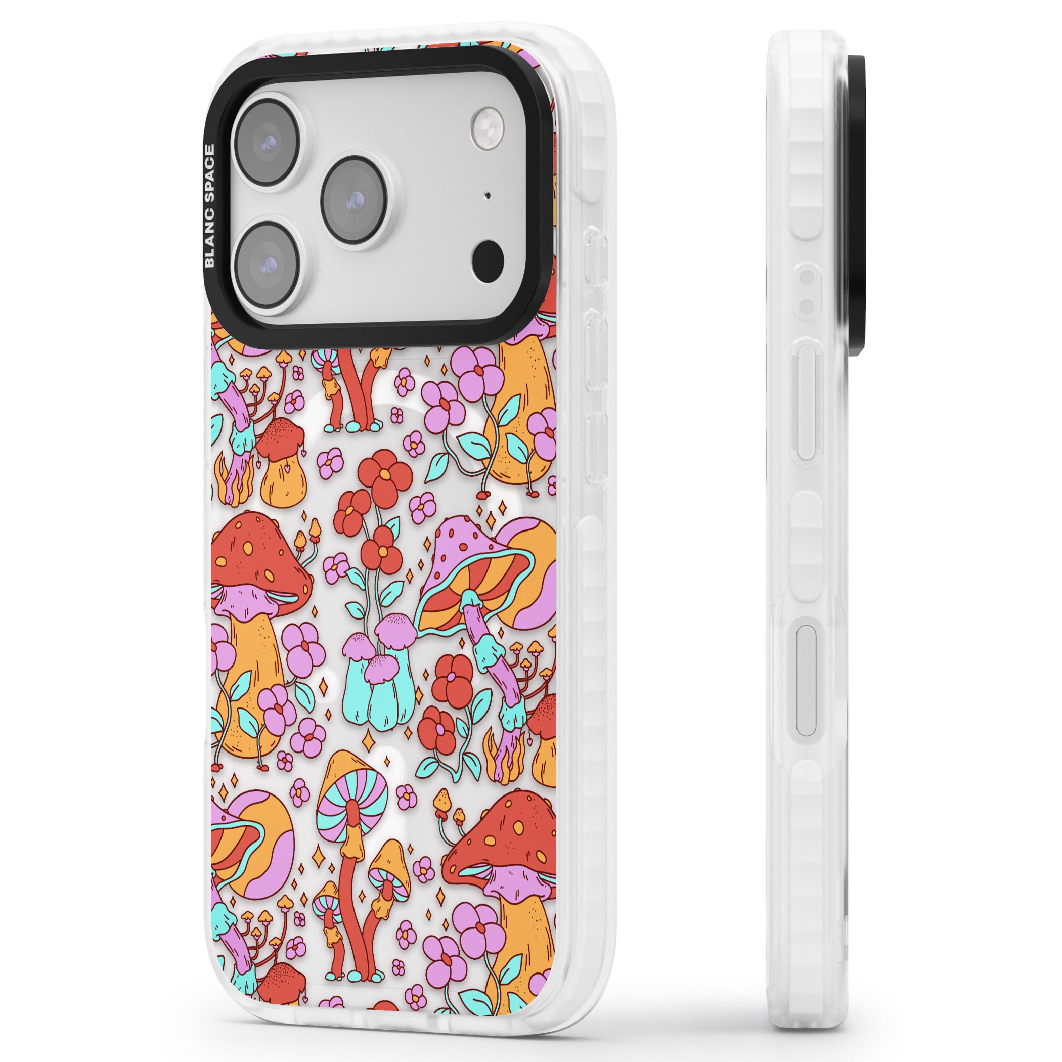 Psychedelic Flowers & Mushrooms iPhone 17 Pro Max Impact Pro Clear Phone Case Side Profile