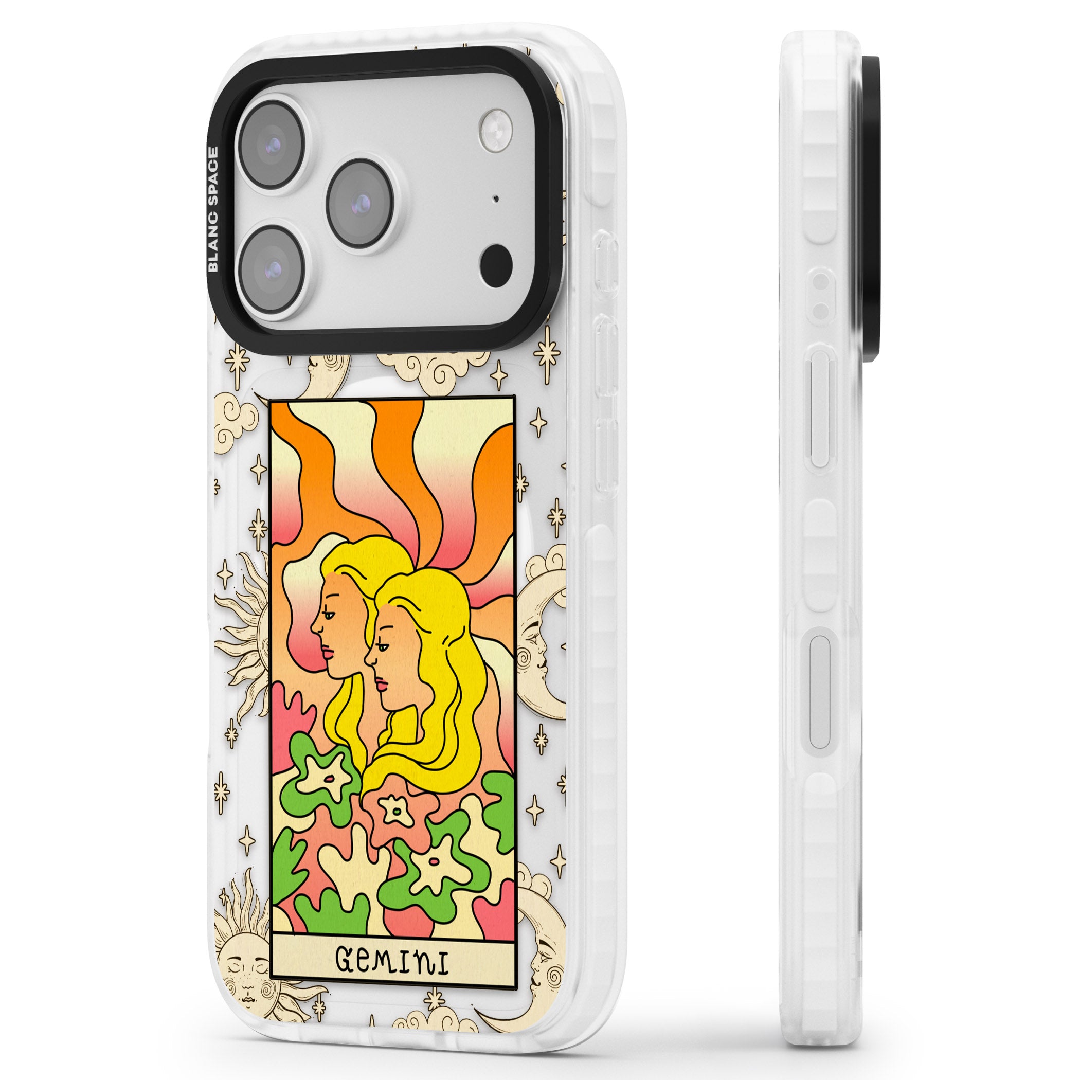 Celestial Zodiac Gemini iPhone 17 Pro Max Impact Pro Clear Phone Case Side Profile