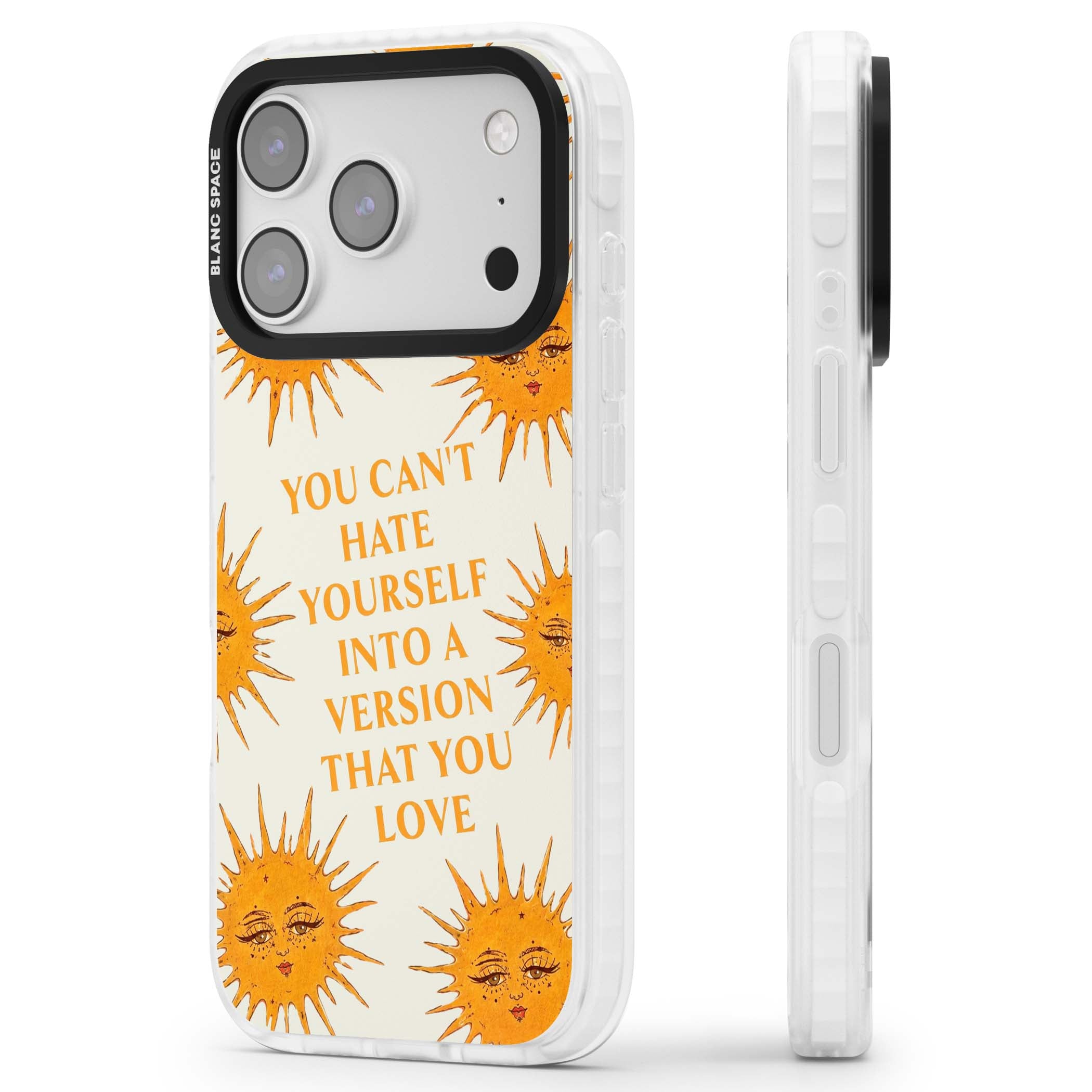 Don't Hate Yourself celestial iPhone case featuring vintage sun faces, ochre rays and a self-love quote | Impact Magsafe case for iPhone 17 Pro, iPhone 17 Pro Max
