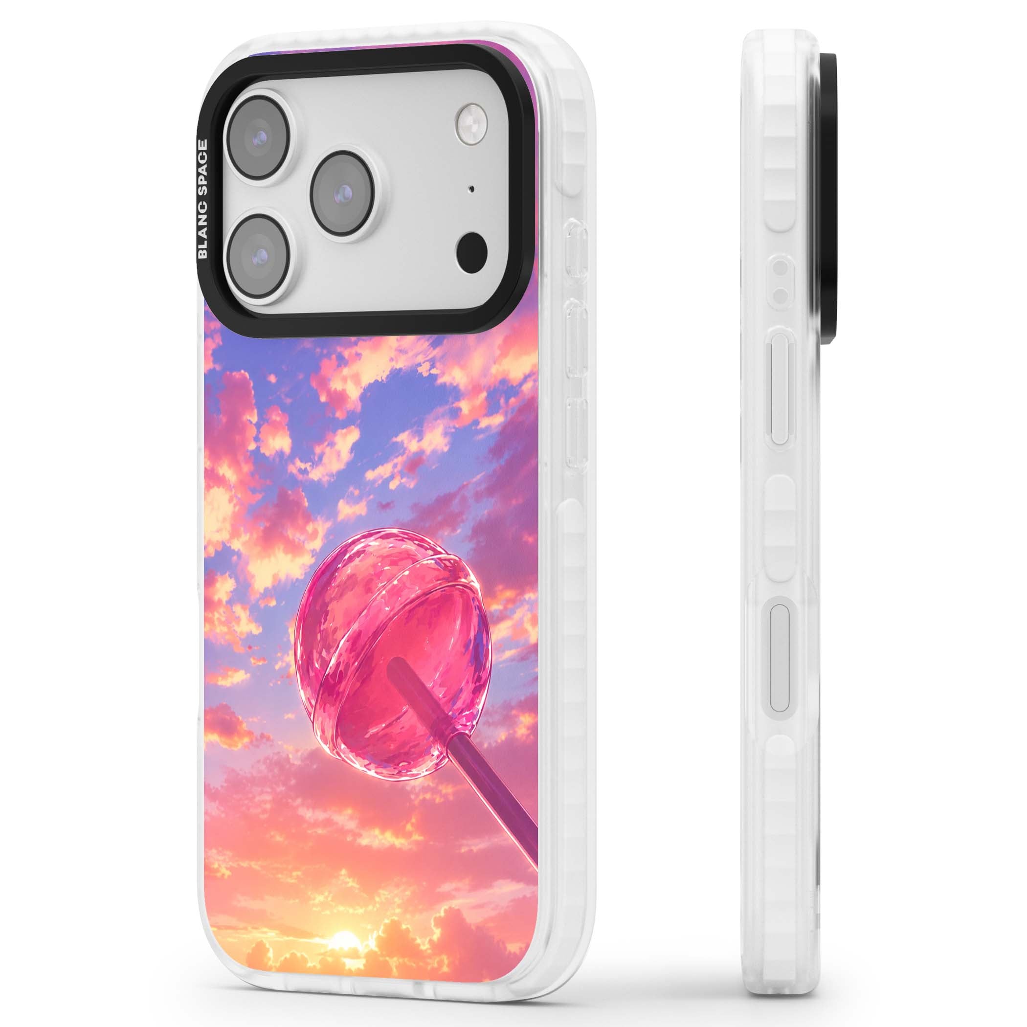 Sugar Sunset candy aesthetic iPhone case featuring a pink lollipop, pastel sunset sky and dreamy clouds | Impact Magsafe case for iPhone 17 Pro, iPhone 17 Pro Max