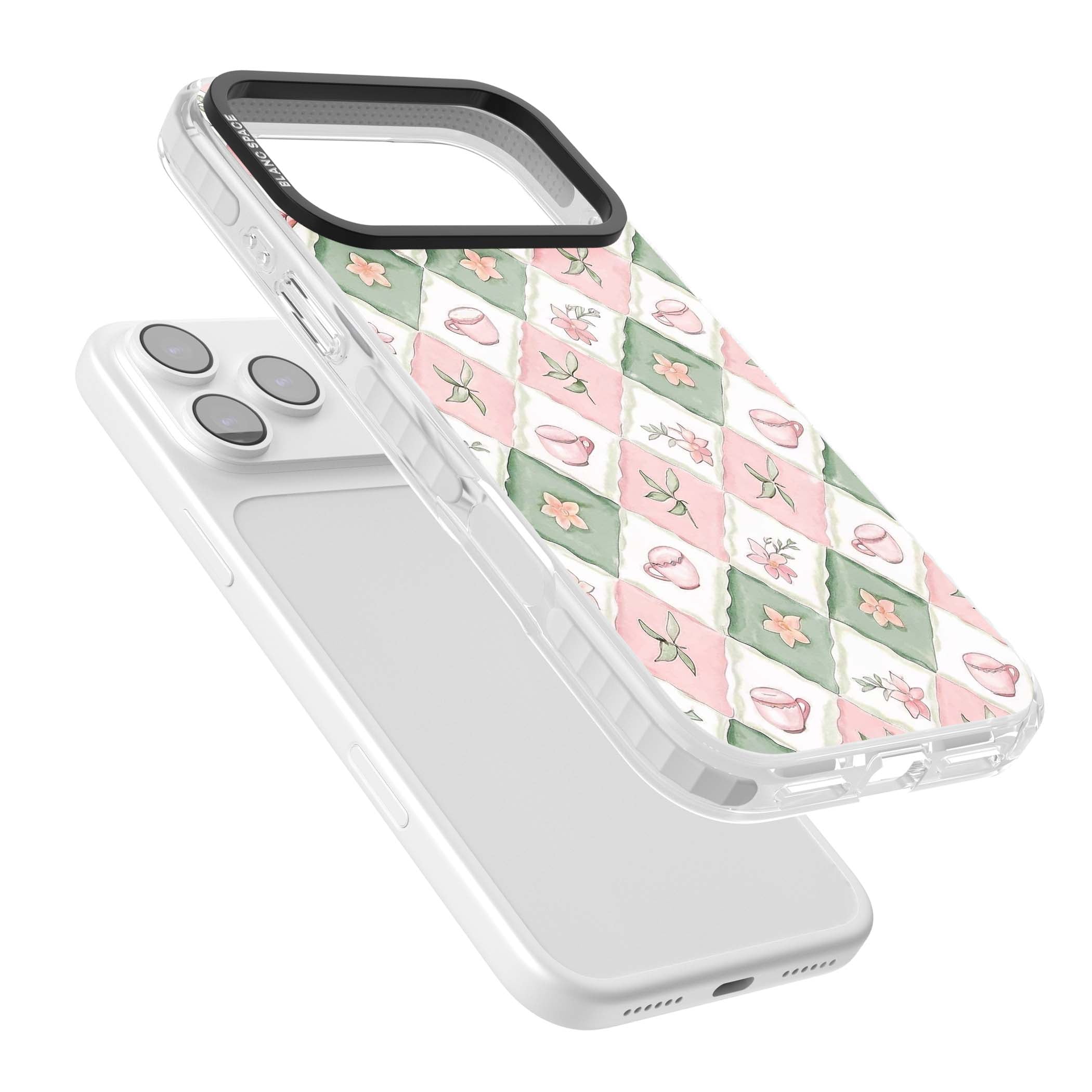 Garden Tea Party coquette iPhone case with pink and green checkered pattern, watercolour teacups and wildflowers | Impact Magsafe case for iPhone 17 Pro, iPhone 17 Pro Max