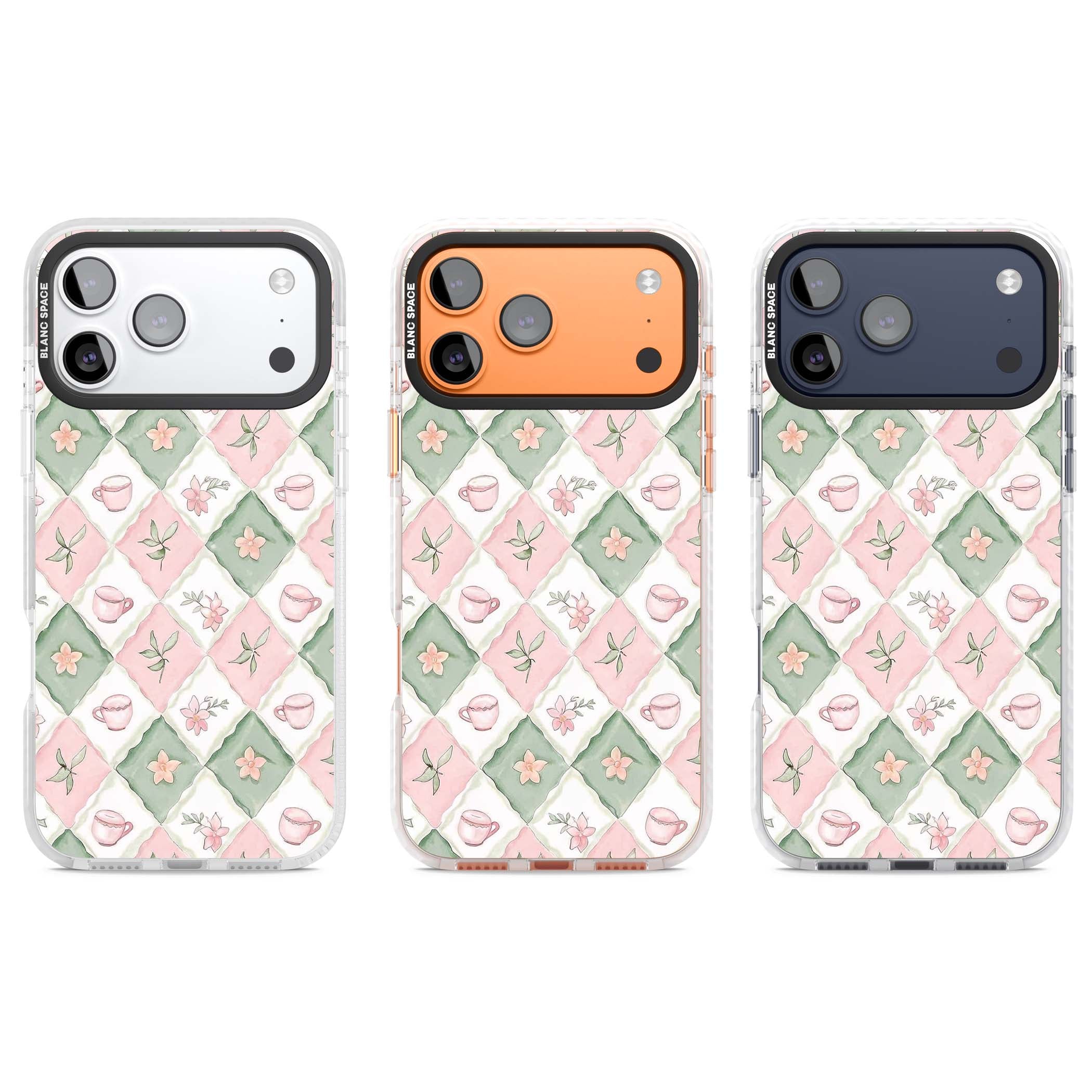 Garden Tea Party coquette iPhone case with pink and green checkered pattern, watercolour teacups and wildflowers | Impact Magsafe case for iPhone 17 Pro, iPhone 17 Pro Max