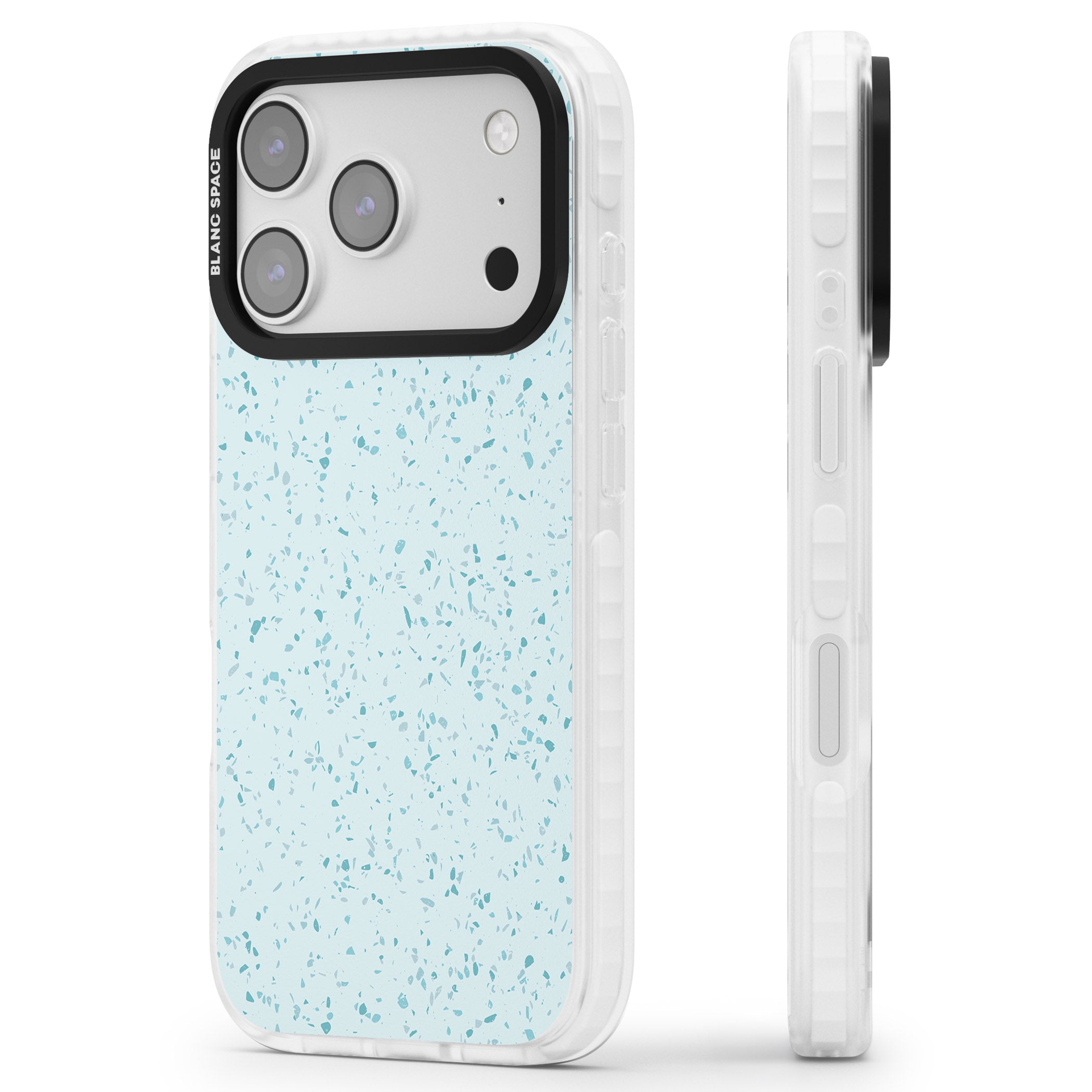 Light Blue Terrazzo Pattern iPhone 17 Pro Max Impact Pro Clear Phone Case Side Profile