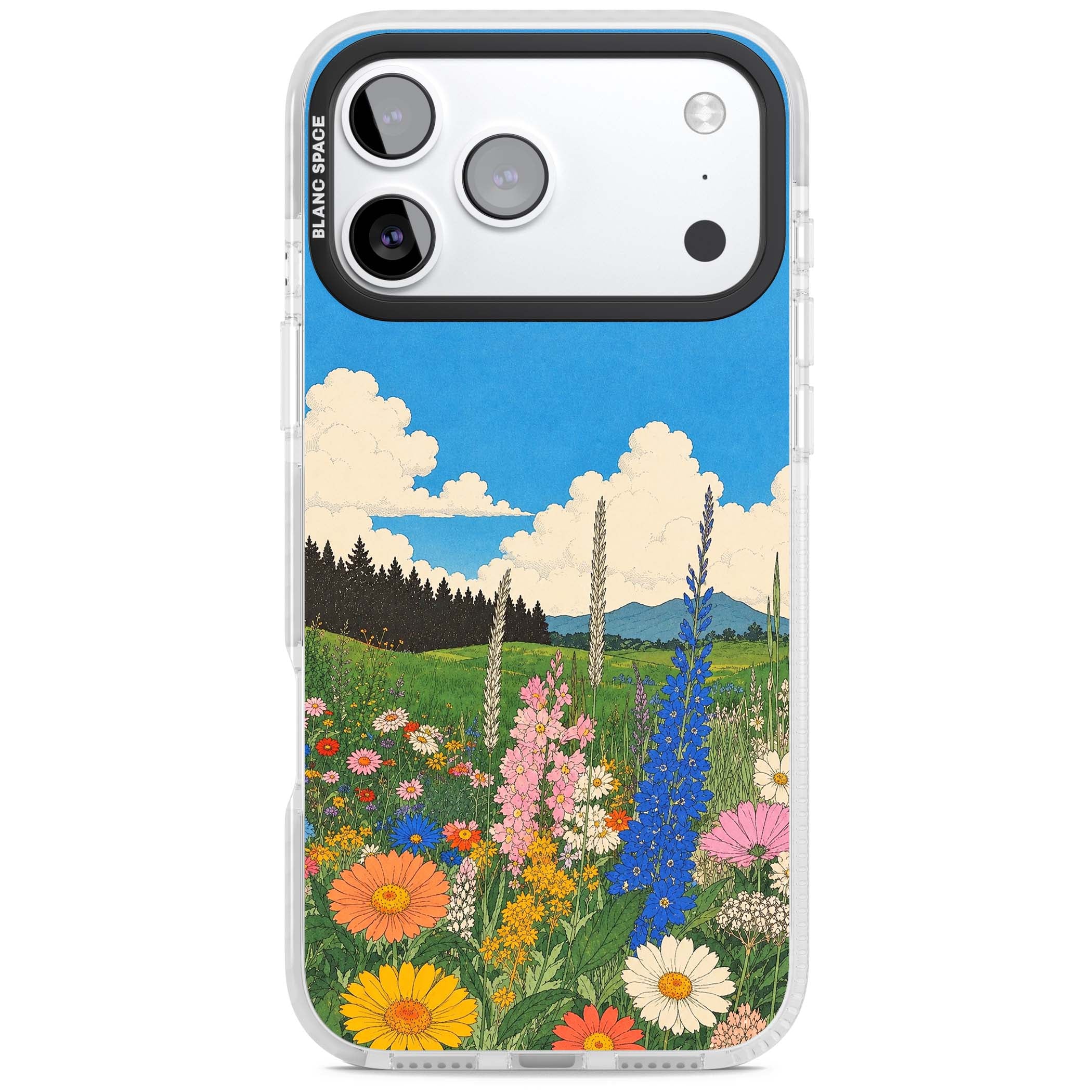 Wildbloom wildflower iPhone case featuring a vintage Japanese-style meadow landscape with daisies, delphiniums and moun | Impact Magsafe case for iPhone 17 Pro, iPhone 17 Pro Max