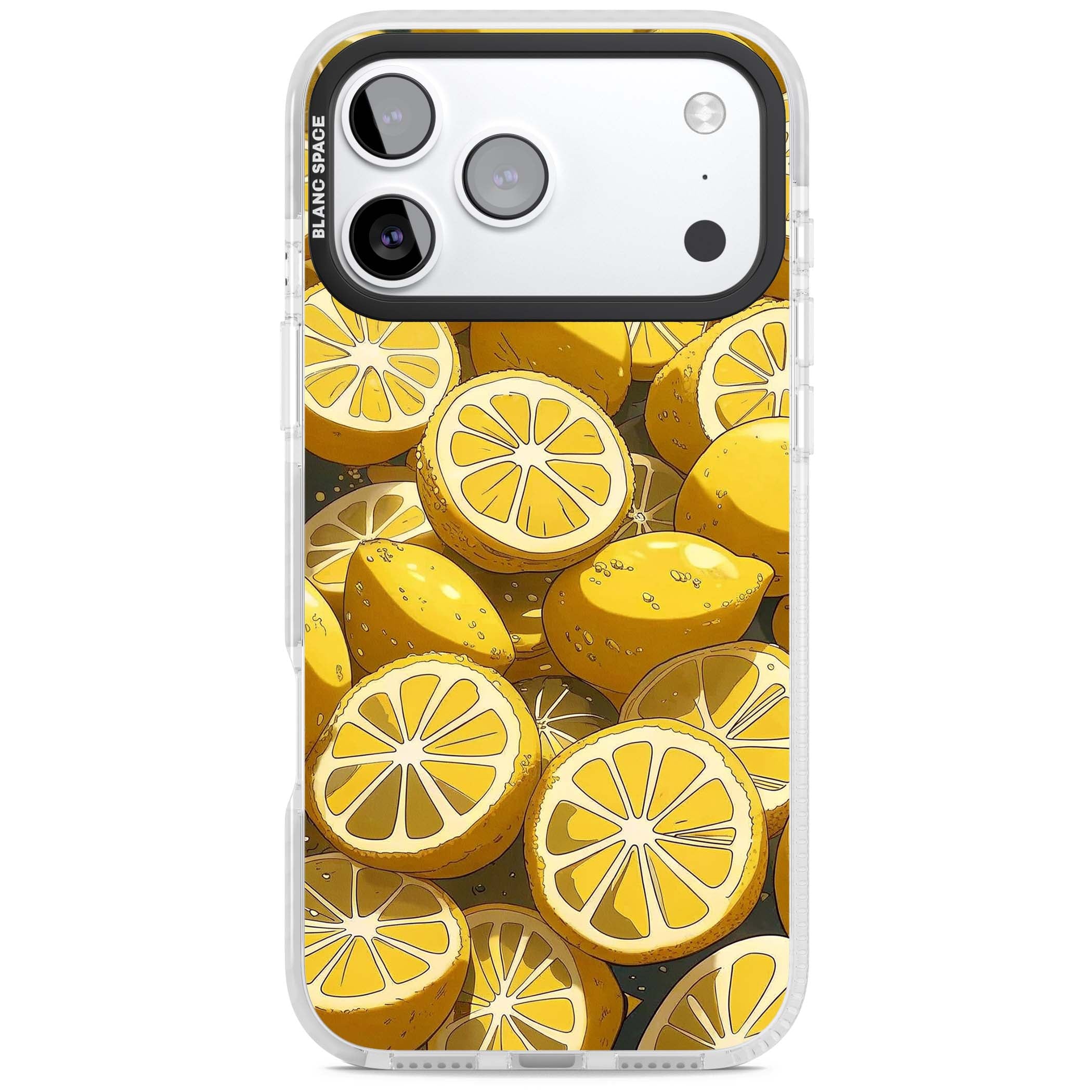Zesty coastal iPhone case featuring illustrated Mediterranean lemons and citrus slices in golden yellow | Impact Magsafe case for iPhone 17 Pro, iPhone 17 Pro Max