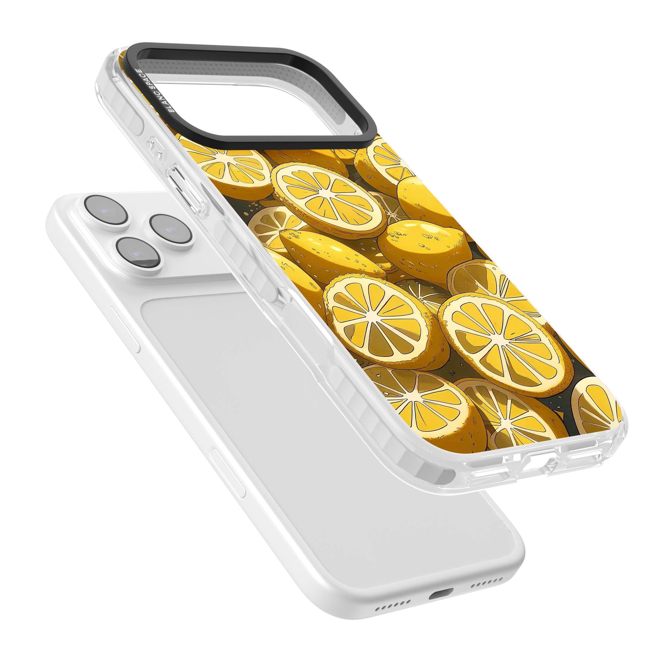 Zesty coastal iPhone case featuring illustrated Mediterranean lemons and citrus slices in golden yellow | Impact Magsafe case for iPhone 17 Pro, iPhone 17 Pro Max