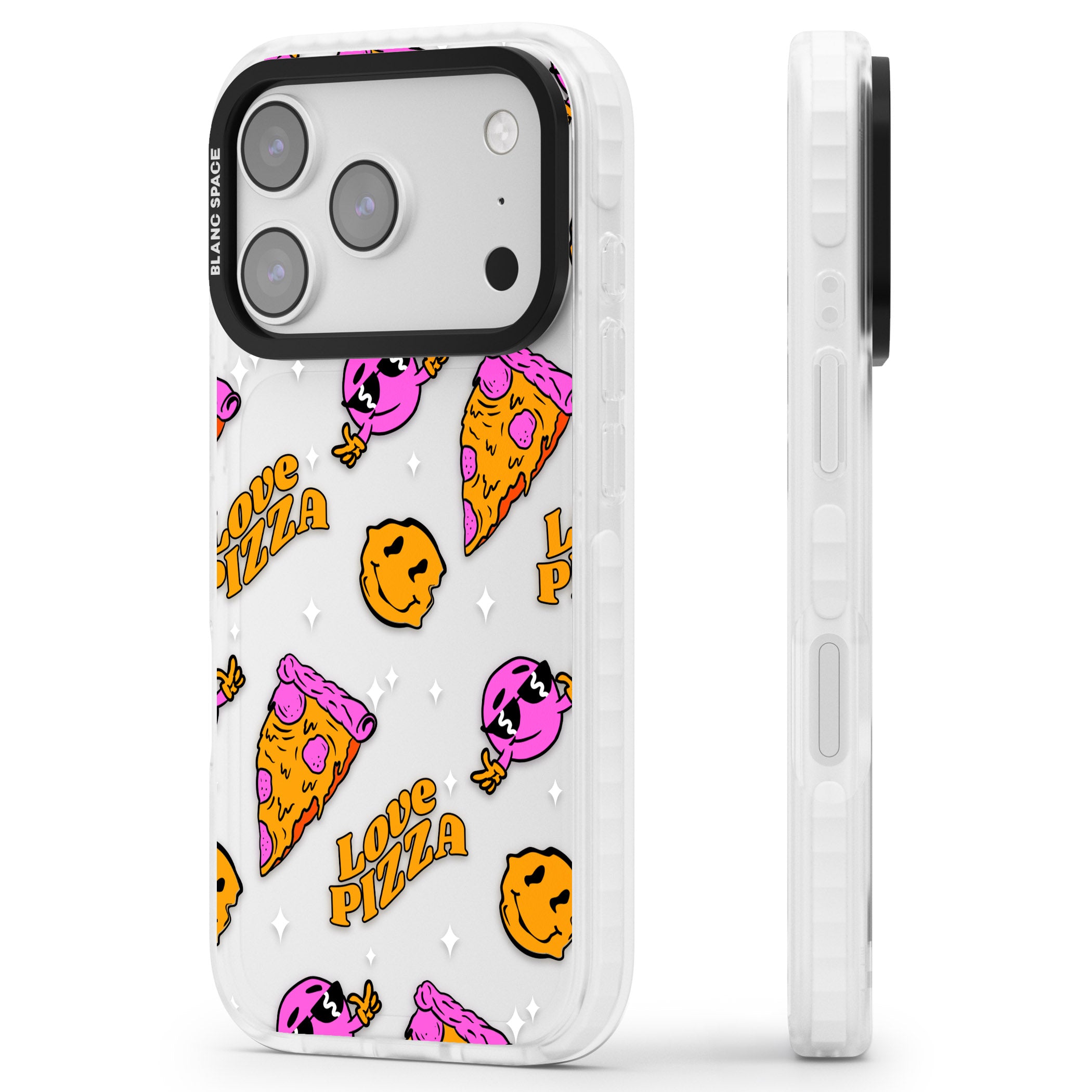 Psychedelic Love Pizza Pattern (Clear) iPhone 17 Pro Max Impact Clear Phone Case Side Profile