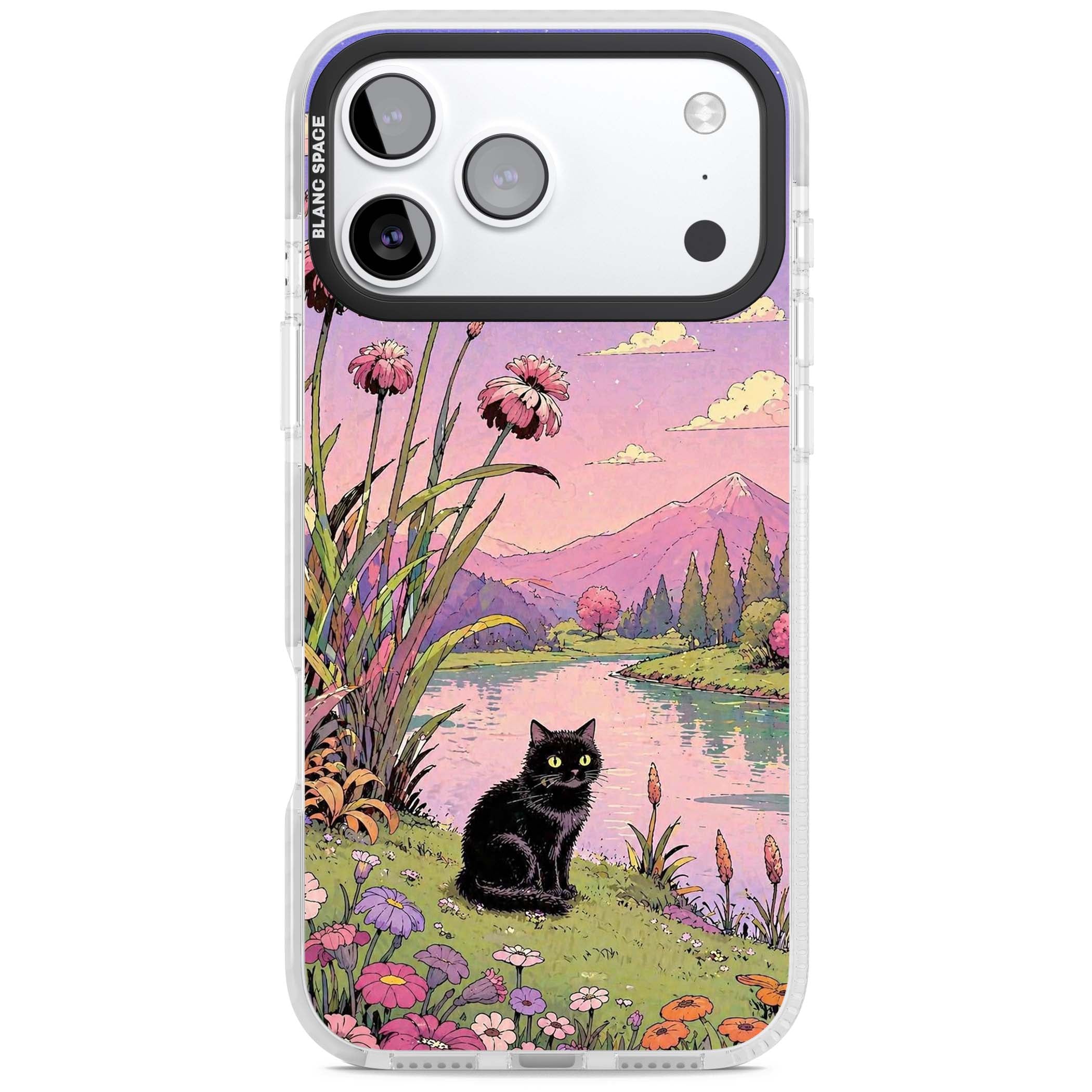 Mystic Whiskers ghibli iPhone case featuring a black cat by a pastel lake, wildflowers and a starry sunset sky | Black Impact case for iPhone 17 Pro, iPhone 17 Pro Max