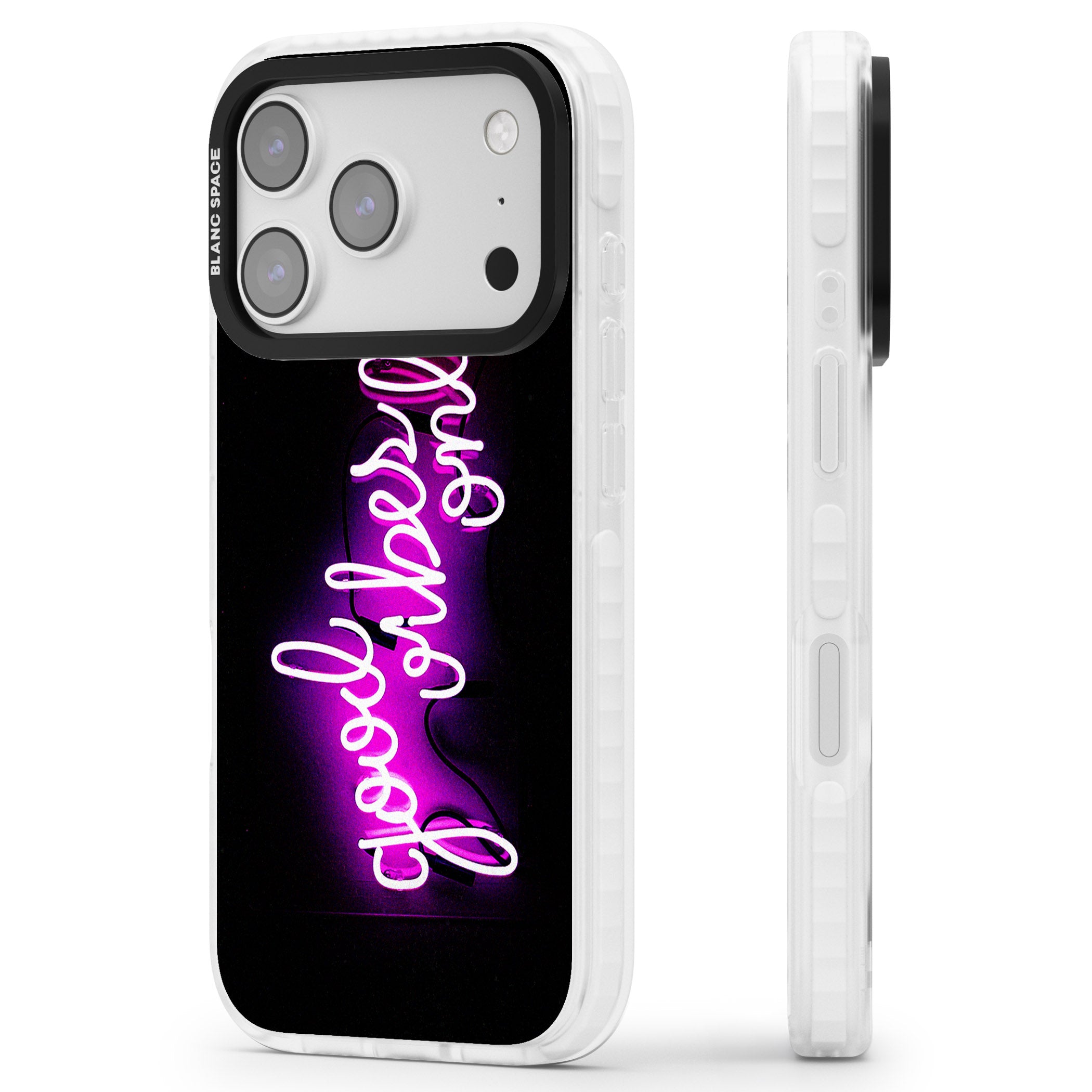 Good Vibes Only Neon Glow iPhone 17 Pro Max Impact Clear Phone Case Side Profile
