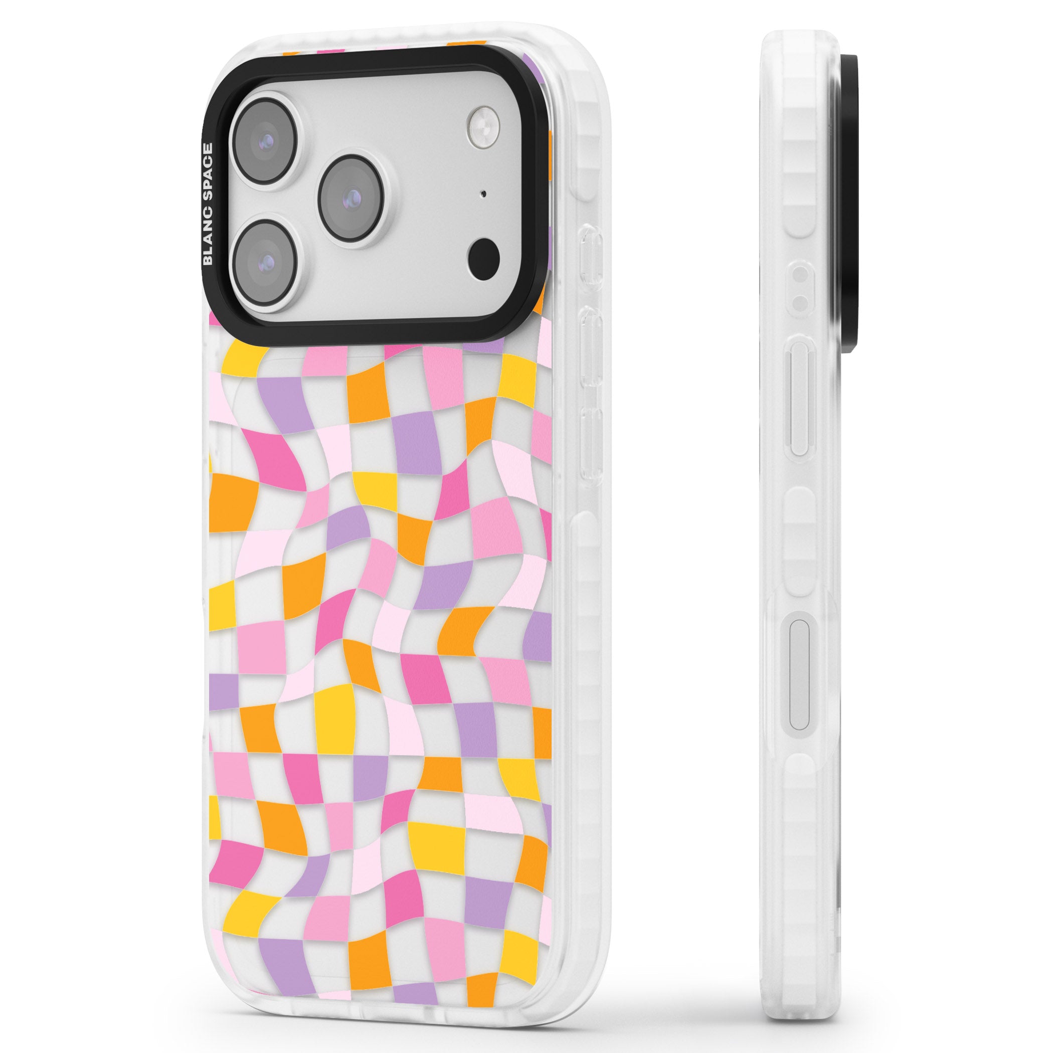 Wonky Squares Pattern iPhone 17 Pro Max Impact Clear Phone Case Side Profile