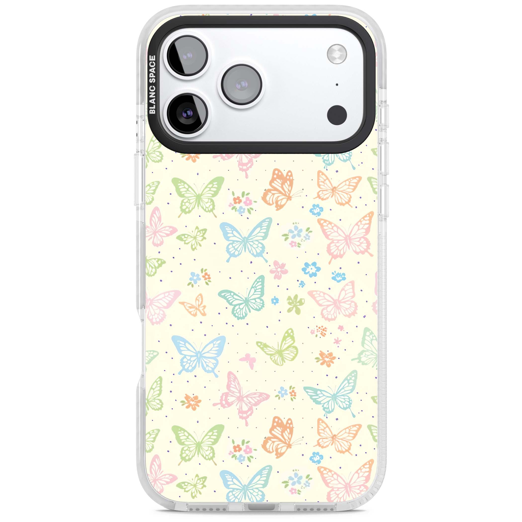 Sugar Wings cottagecore iPhone case featuring rainbow pastel butterflies, tiny wildflowers, and a cream background | Black Impact case for iPhone 17 Pro, iPhone 17 Pro Max