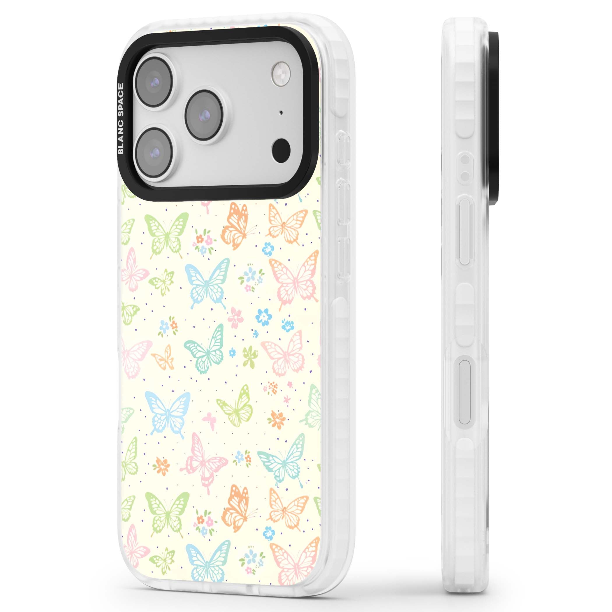 Sugar Wings cottagecore iPhone case featuring rainbow pastel butterflies, tiny wildflowers, and a cream background | Black Impact case for iPhone 17 Pro, iPhone 17 Pro Max