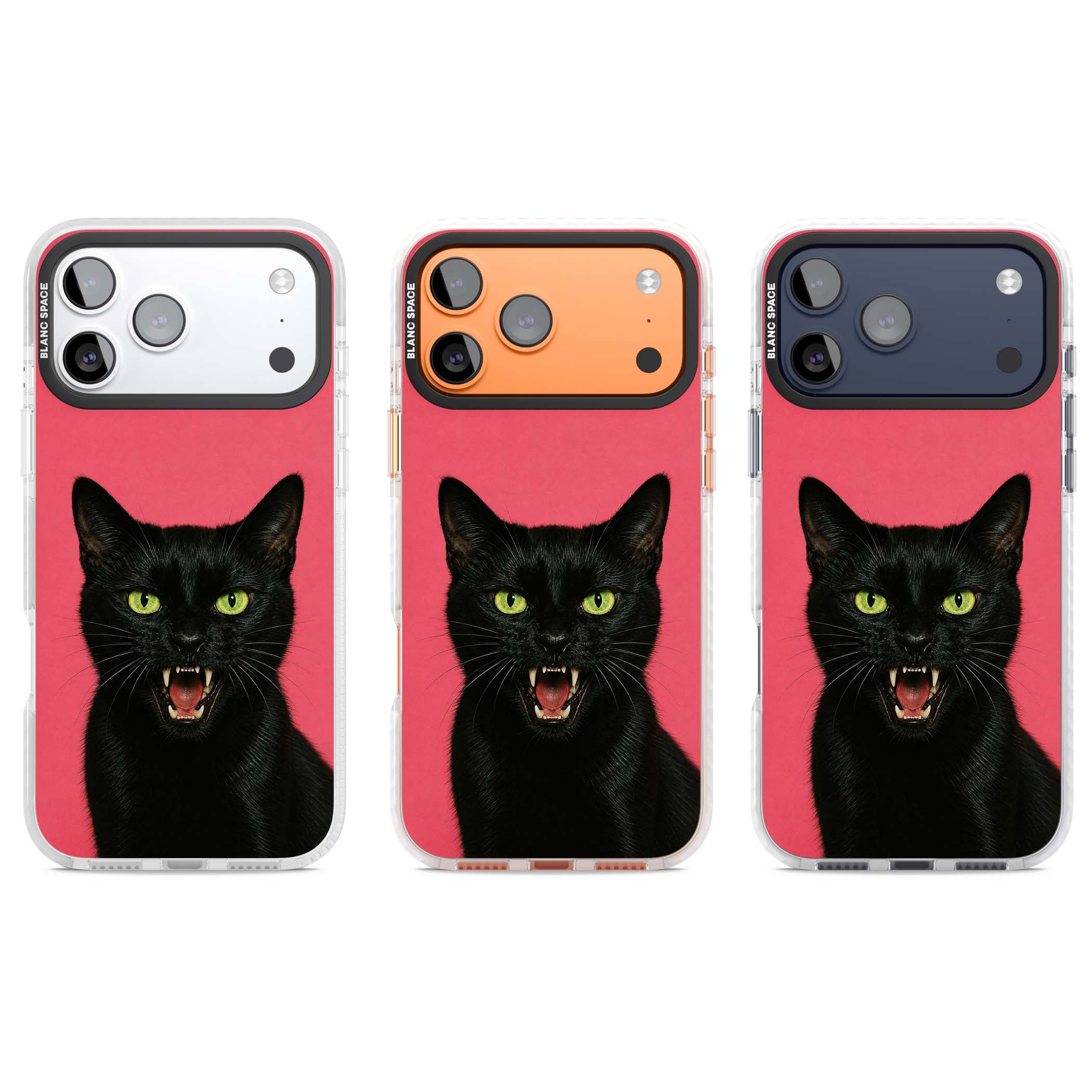 Hissin' Baddie black cat iPhone case featuring a hissing feline with green eyes on a hot pink background | Black Impact case for iPhone 17 Pro, iPhone 17 Pro Max