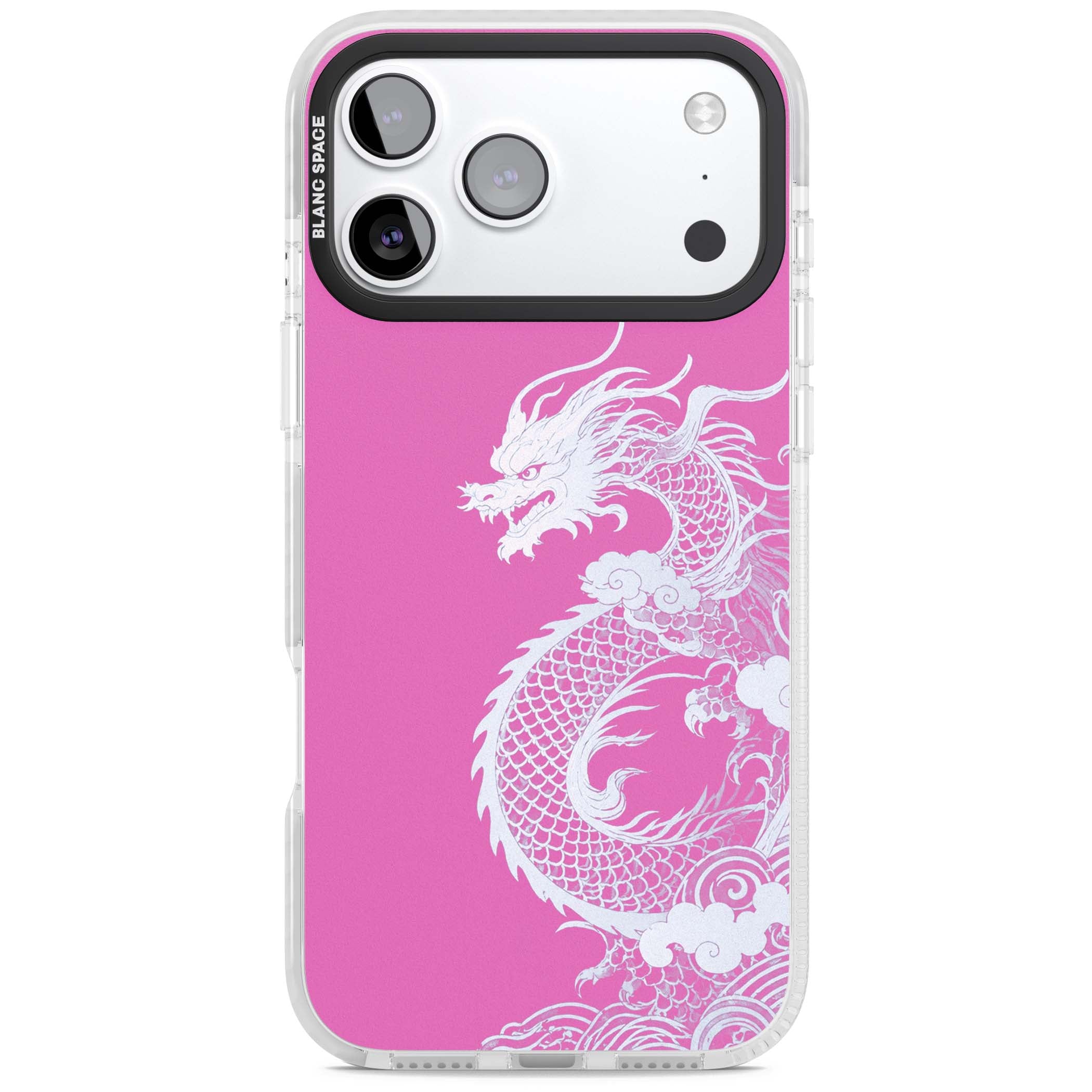 Pink Empress chinese dragon iPhone case featuring a white dragon, swirling clouds and pink dragon wallpaper backdrop | Black Impact case for iPhone 17 Pro, iPhone 17 Pro Max