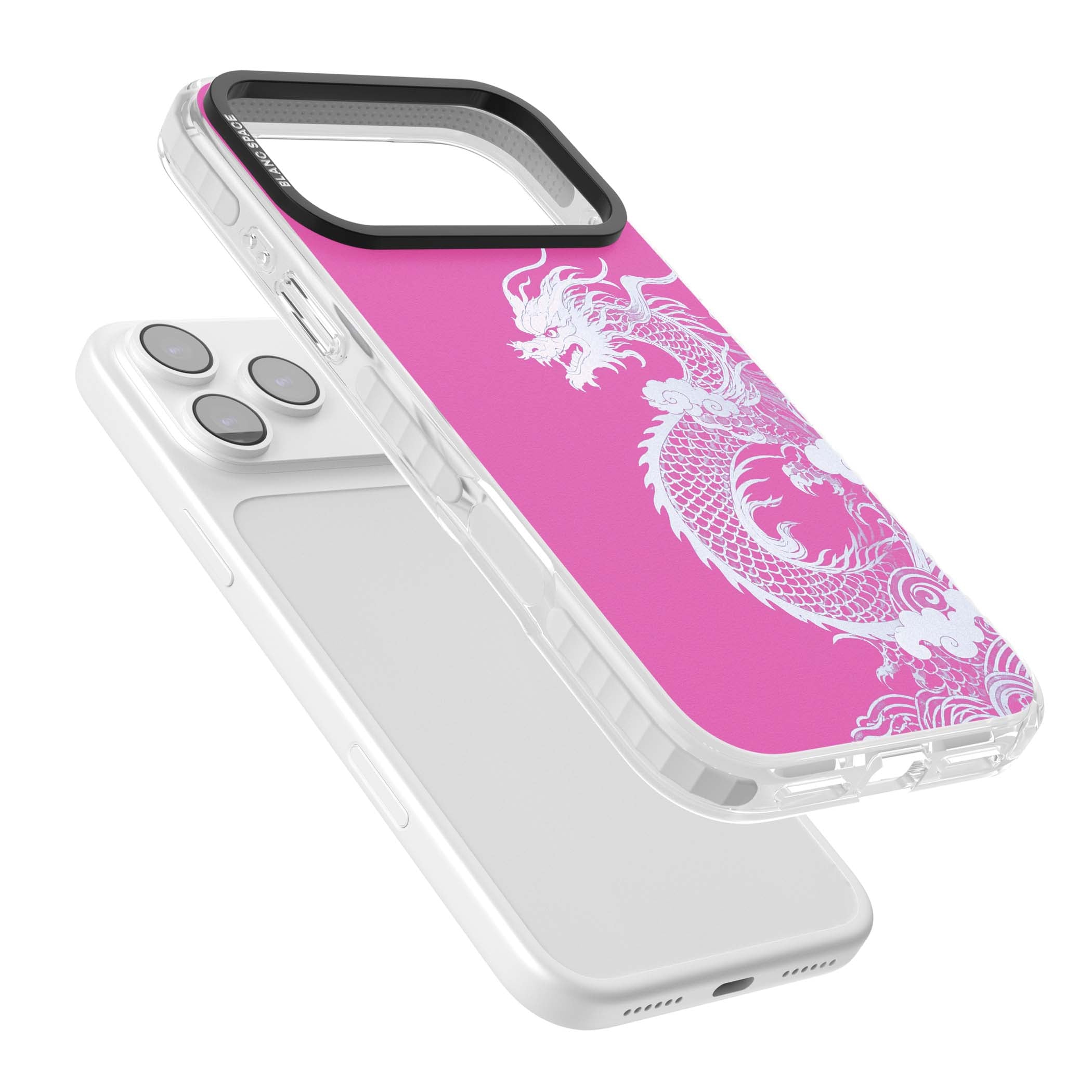 Pink Empress chinese dragon iPhone case featuring a white dragon, swirling clouds and pink dragon wallpaper backdrop | Black Impact case for iPhone 17 Pro, iPhone 17 Pro Max
