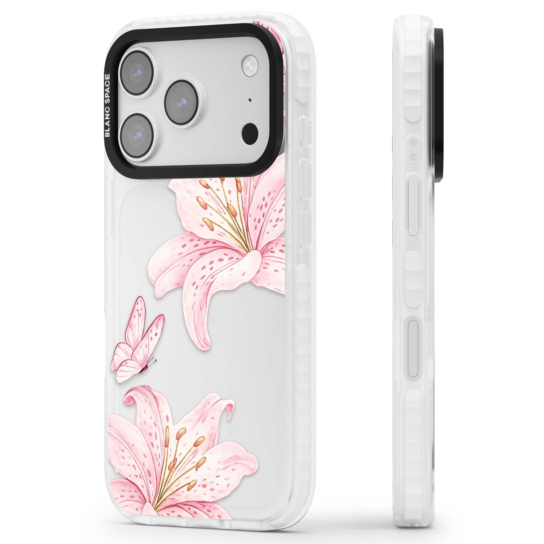 Lily Whisper floral iPhone case featuring pink watercolour lilies and delicate butterflies on a clear background | Black Impact case for iPhone 17 Pro, iPhone 17 Pro Max