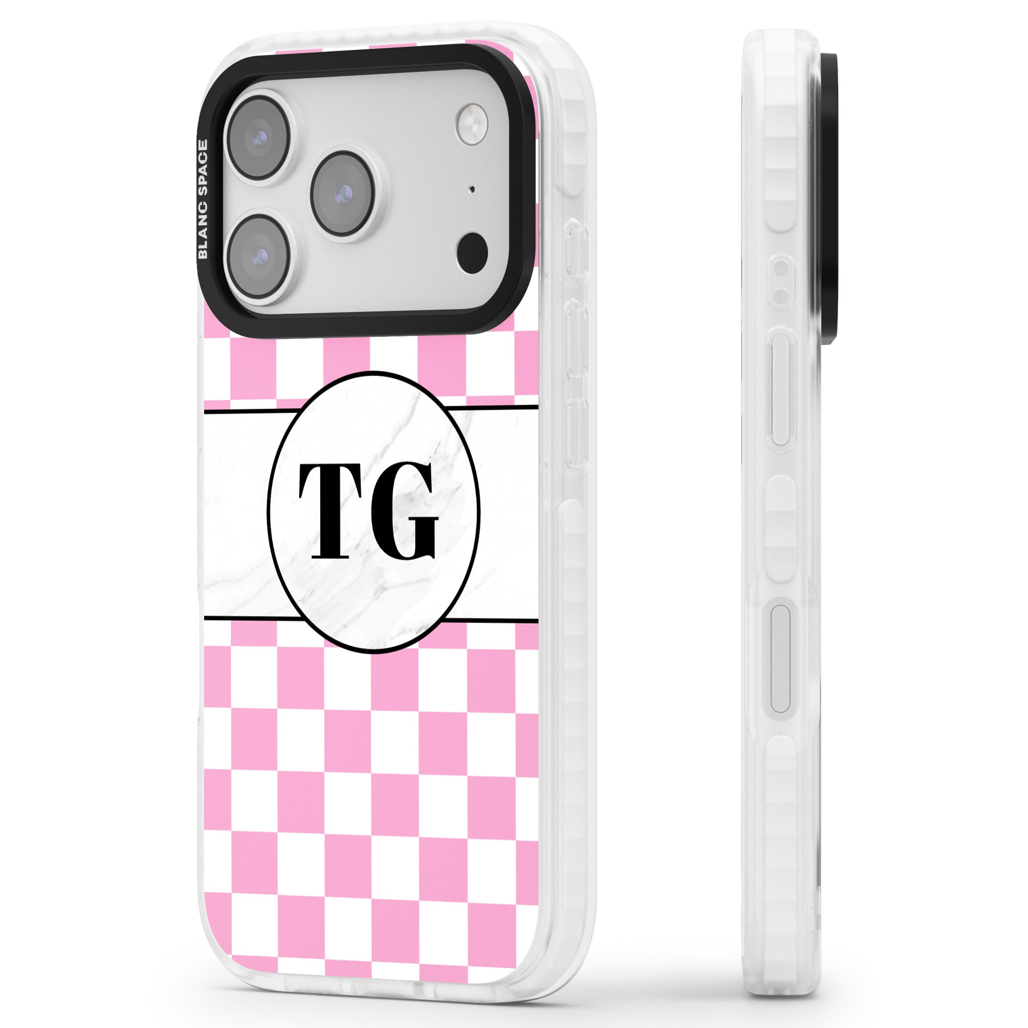 Personalised Monogrammed Pink Check iPhone 17 Pro Max Impact Clear Phone Case Side Profile