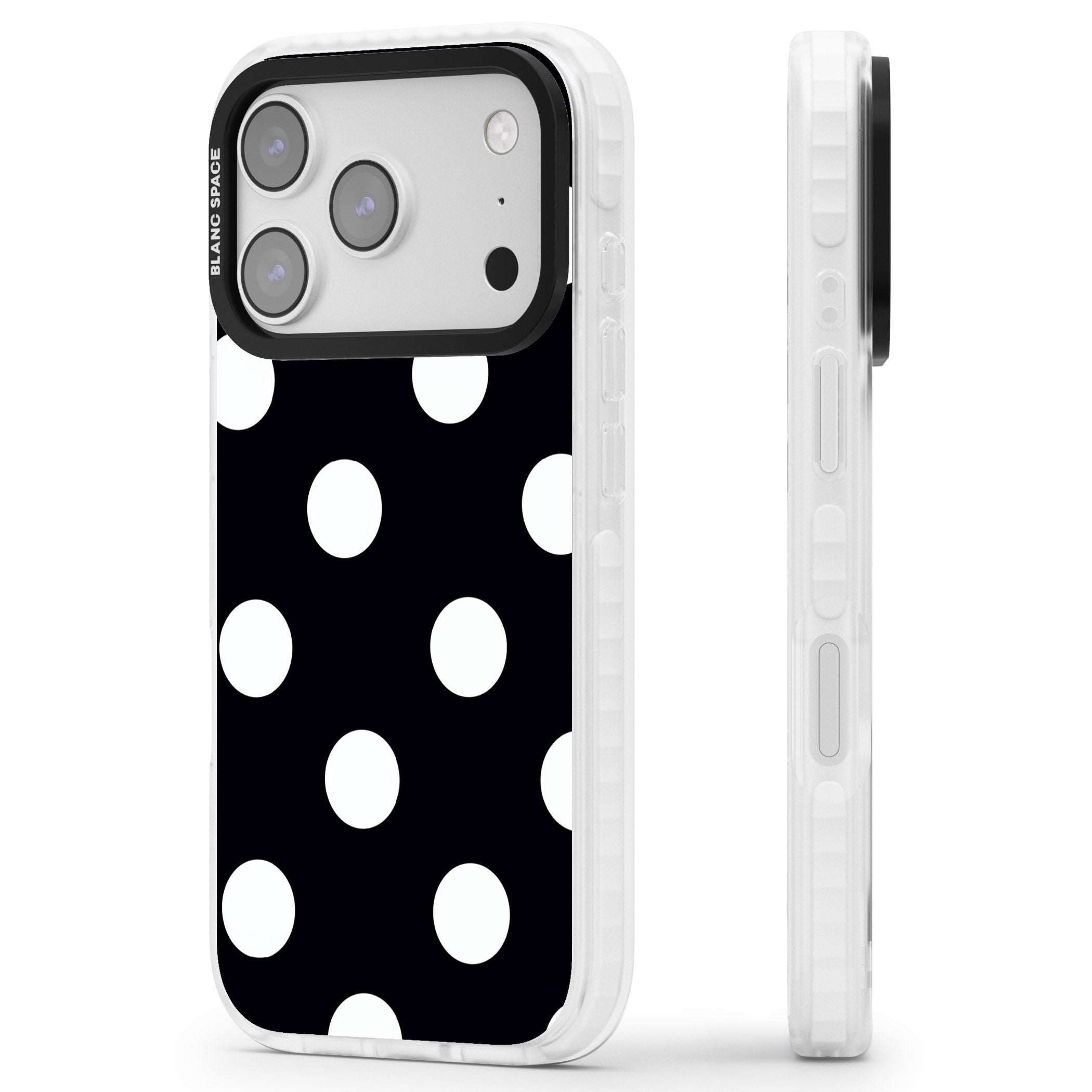 Chic Black Polka Dot iPhone 17 Pro Max Impact Clear Phone Case Side Profile