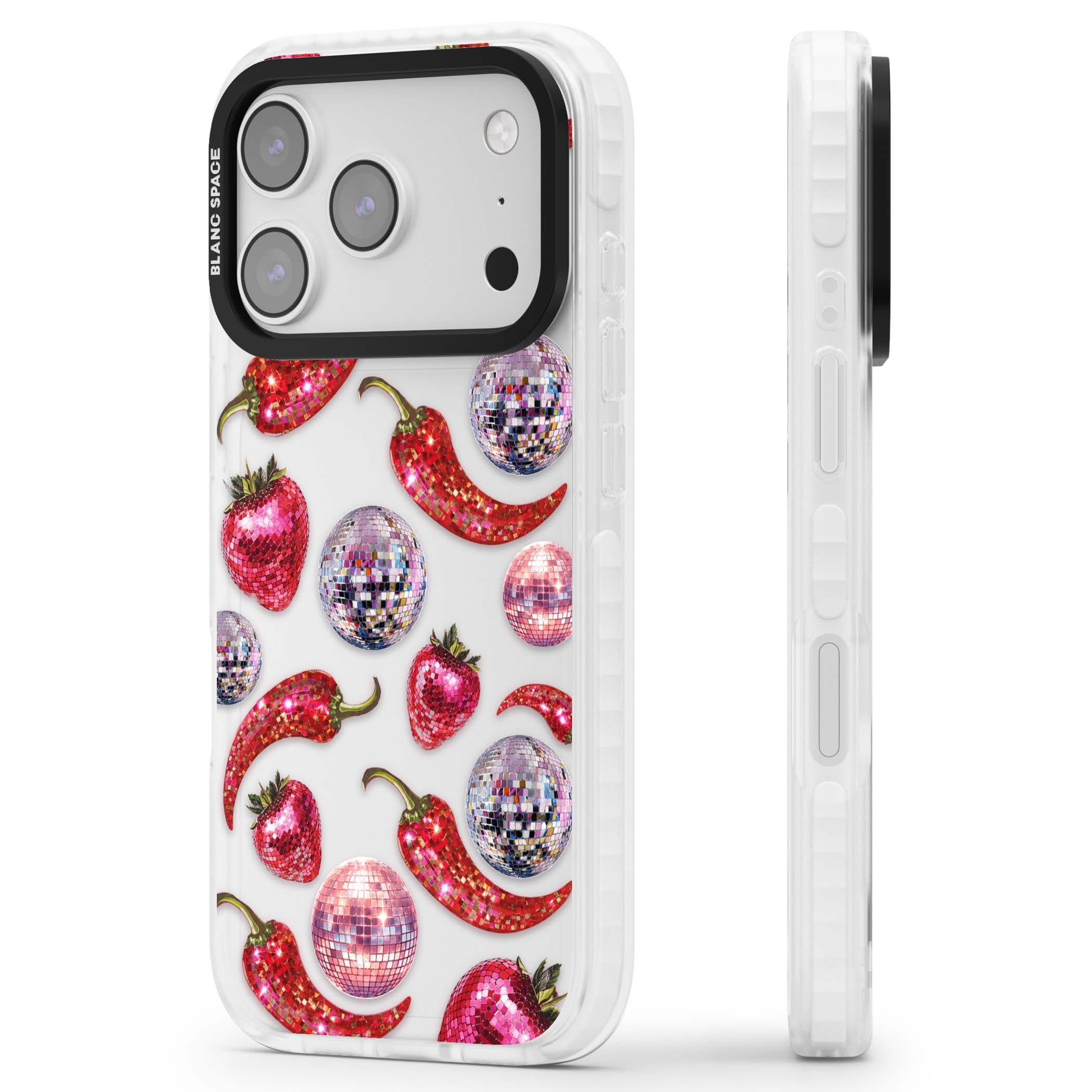 Spicy Disco Y2K iPhone case featuring glitter disco balls, sparkly strawberries and red chilli peppers | Black Impact case for iPhone 17 Pro, iPhone 17 Pro Max