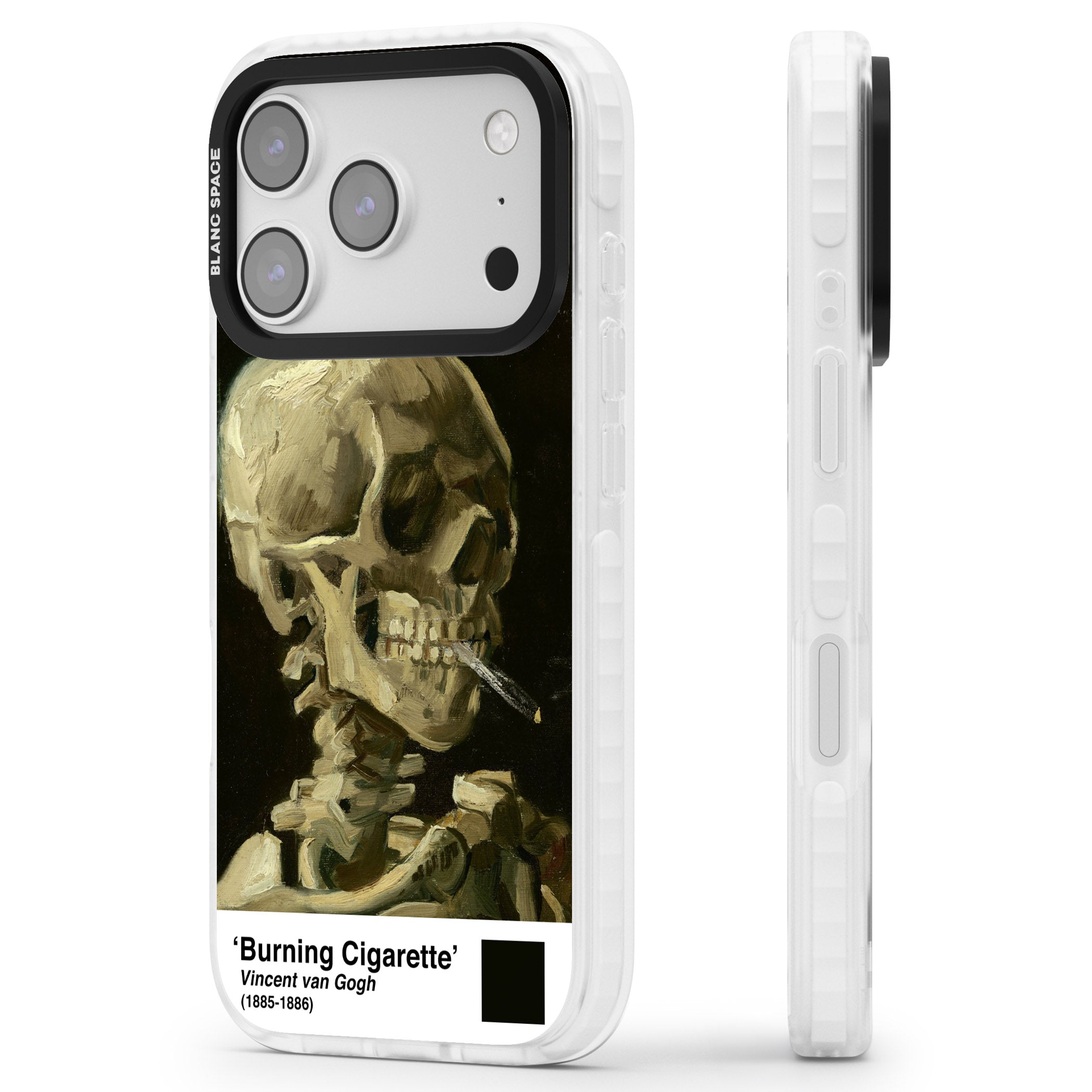 Skull Of A Skeleton With Burning Cigarette iPhone 17 Pro Max Impact Clear Phone Case Side Profile