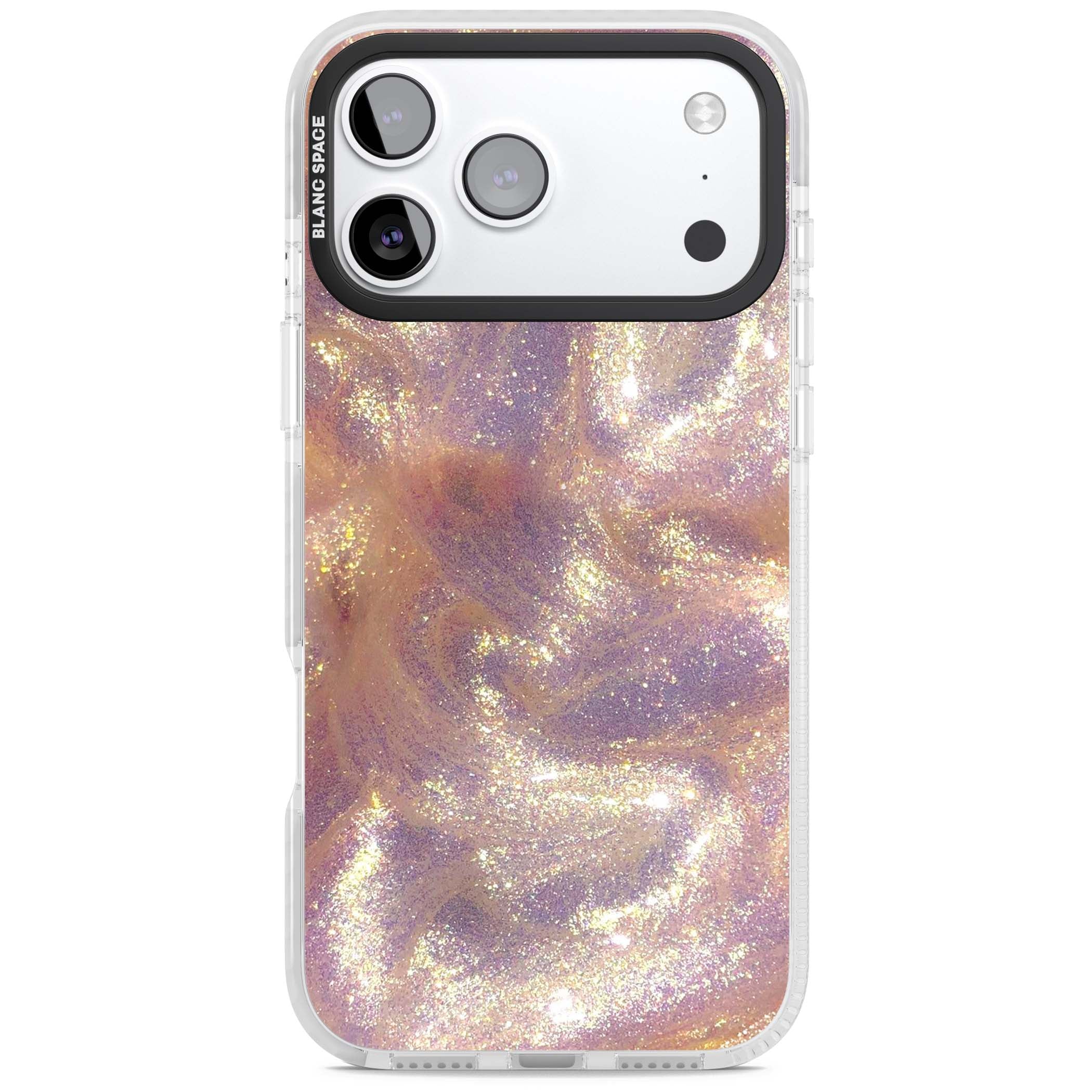 Shimmer marble iPhone case featuring rose gold glitter swirls, lilac shimmer and iridescent pearl finish | Black Impact case for iPhone 17 Pro, iPhone 17 Pro Max