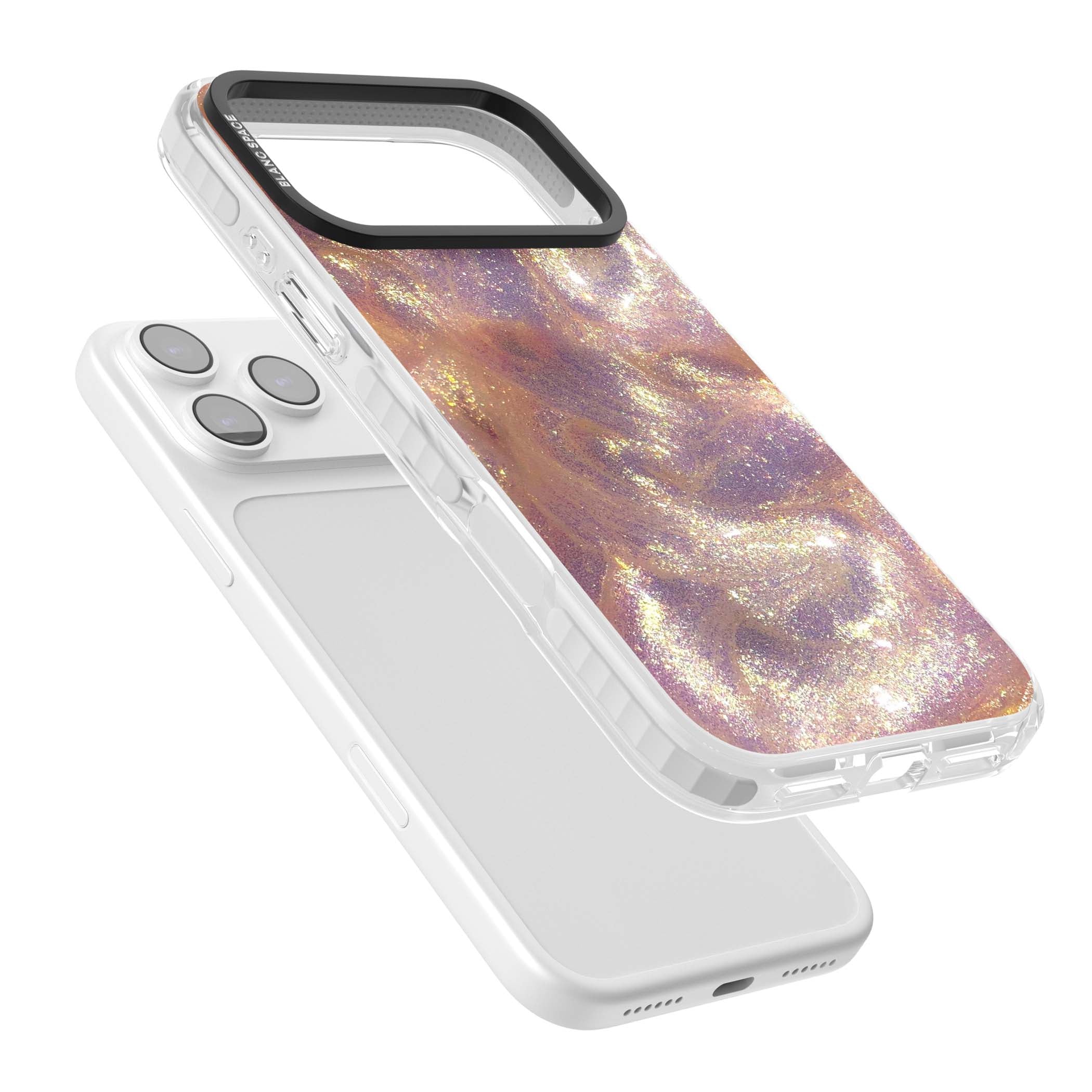 Shimmer marble iPhone case featuring rose gold glitter swirls, lilac shimmer and iridescent pearl finish | Black Impact case for iPhone 17 Pro, iPhone 17 Pro Max