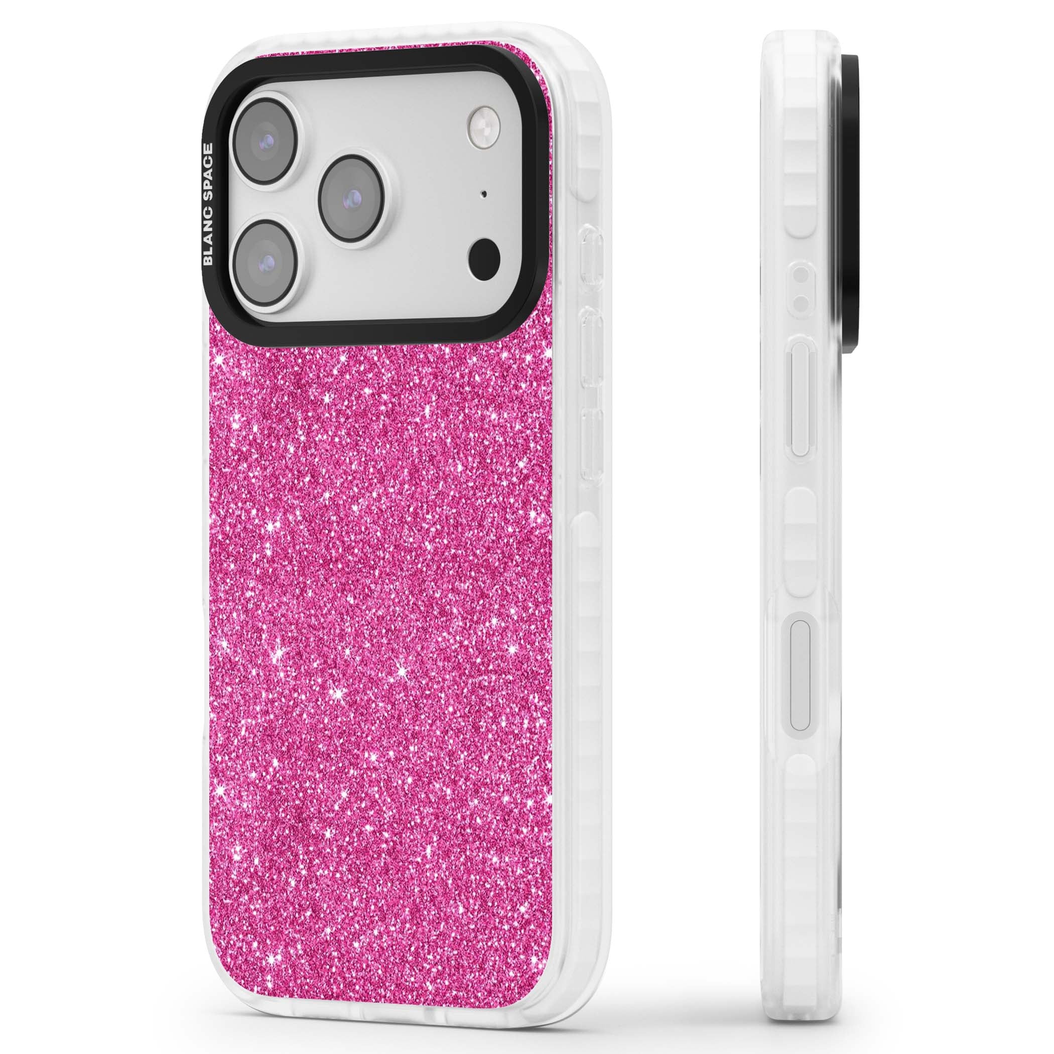 Pink Glitter Y2K iPhone case featuring hot pink glitter wallpaper with sparkle shimmer effect | Black Impact case for iPhone 17 Pro, iPhone 17 Pro Max