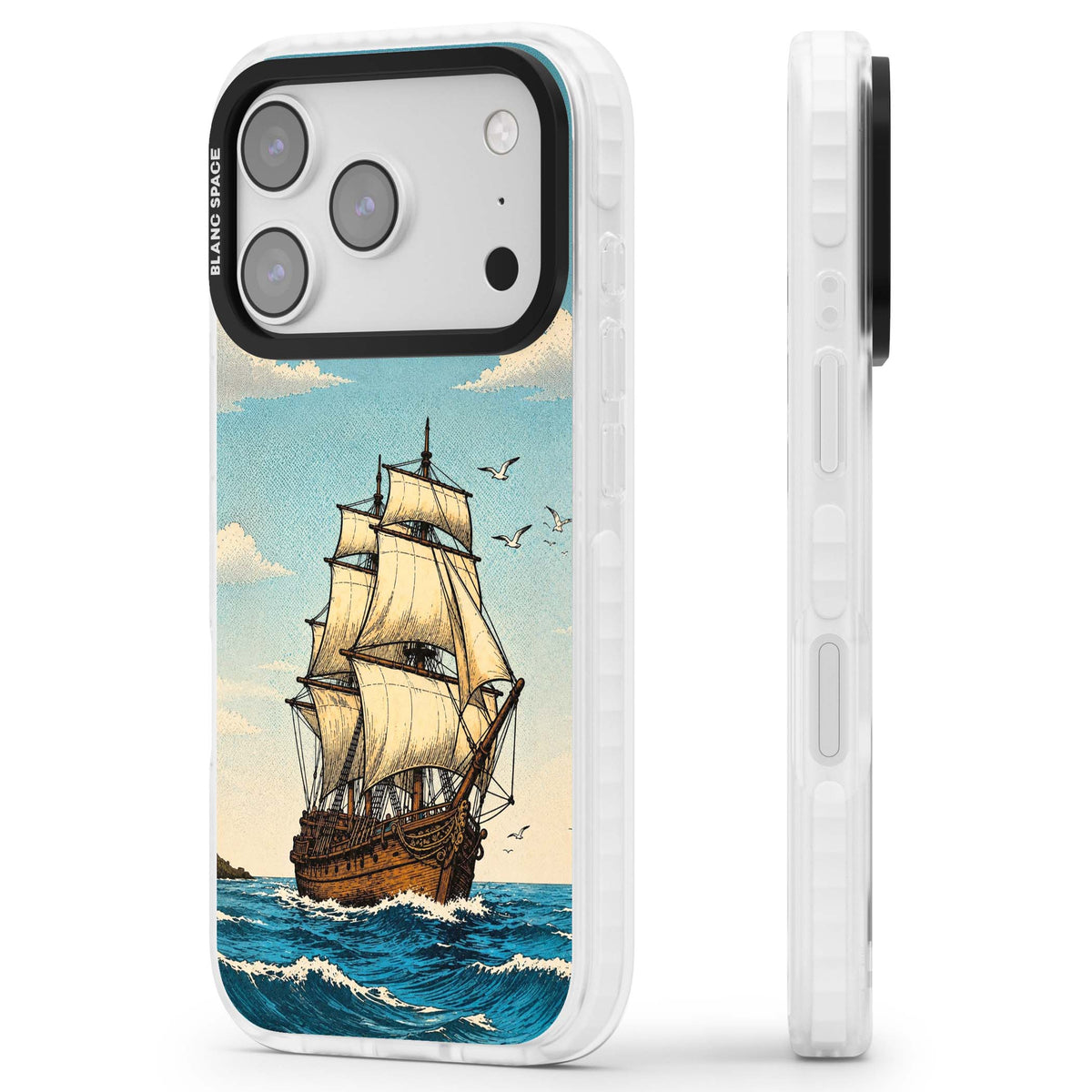 Ship at Sea nautical iPhone case featuring a vintage tall ship, ocean waves and seagulls | Black Impact case for iPhone 17 Pro, iPhone 17 Pro Max