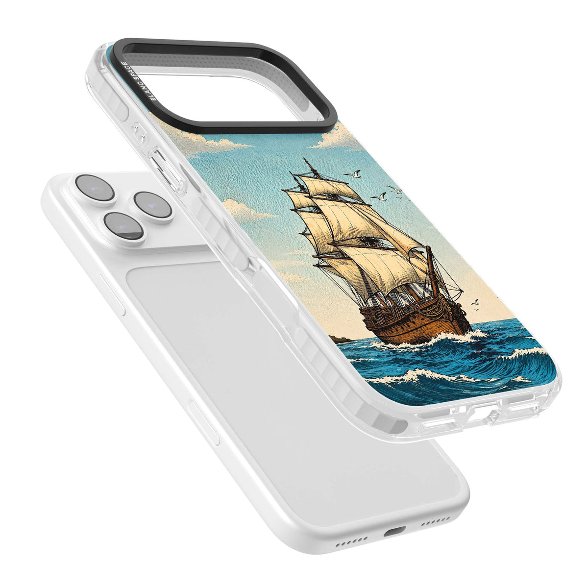 Ship at Sea nautical iPhone case featuring a vintage tall ship, ocean waves and seagulls | Black Impact case for iPhone 17 Pro, iPhone 17 Pro Max