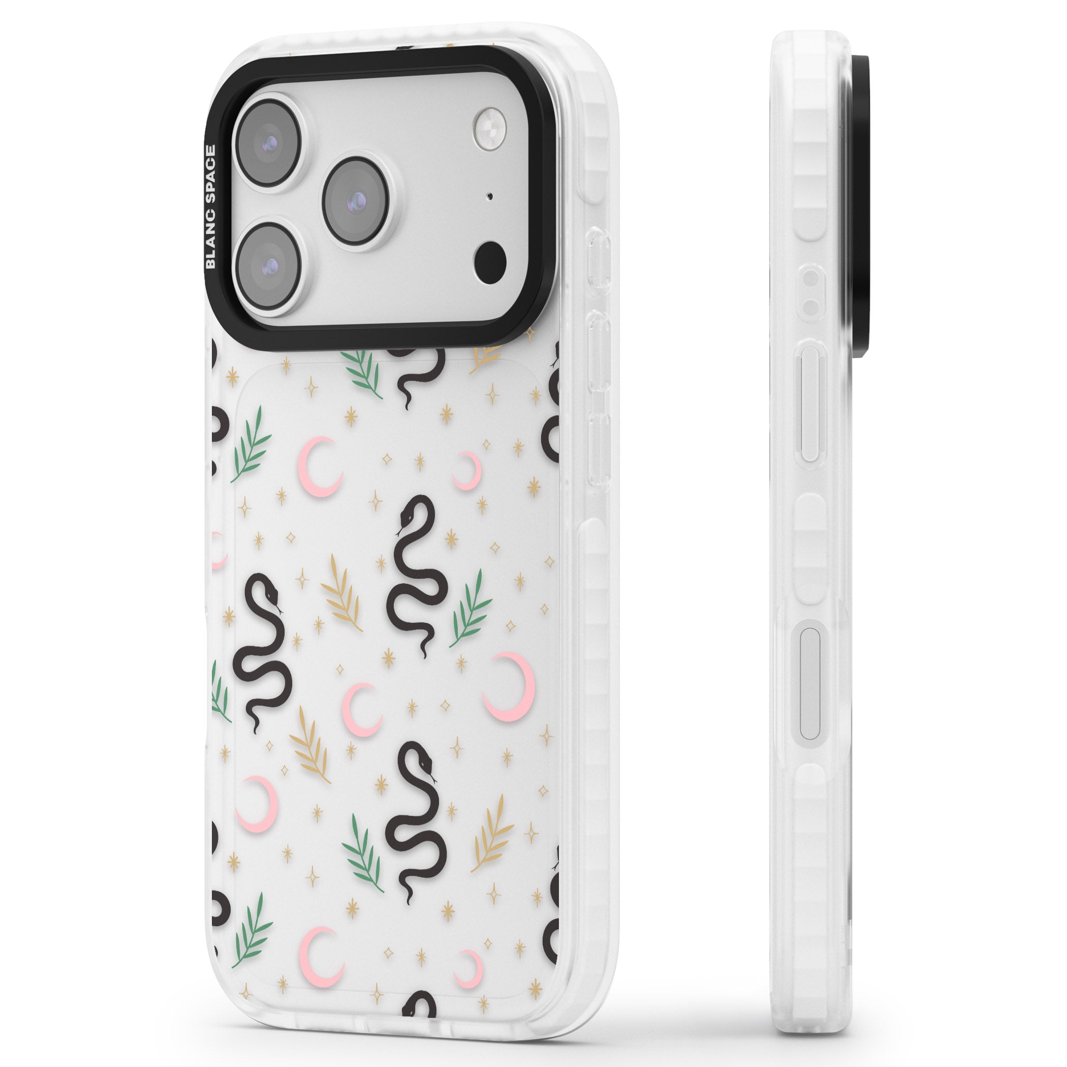 Snake & Moon Pattern iPhone 17 Pro Max Impact Clear Phone Case Side Profile