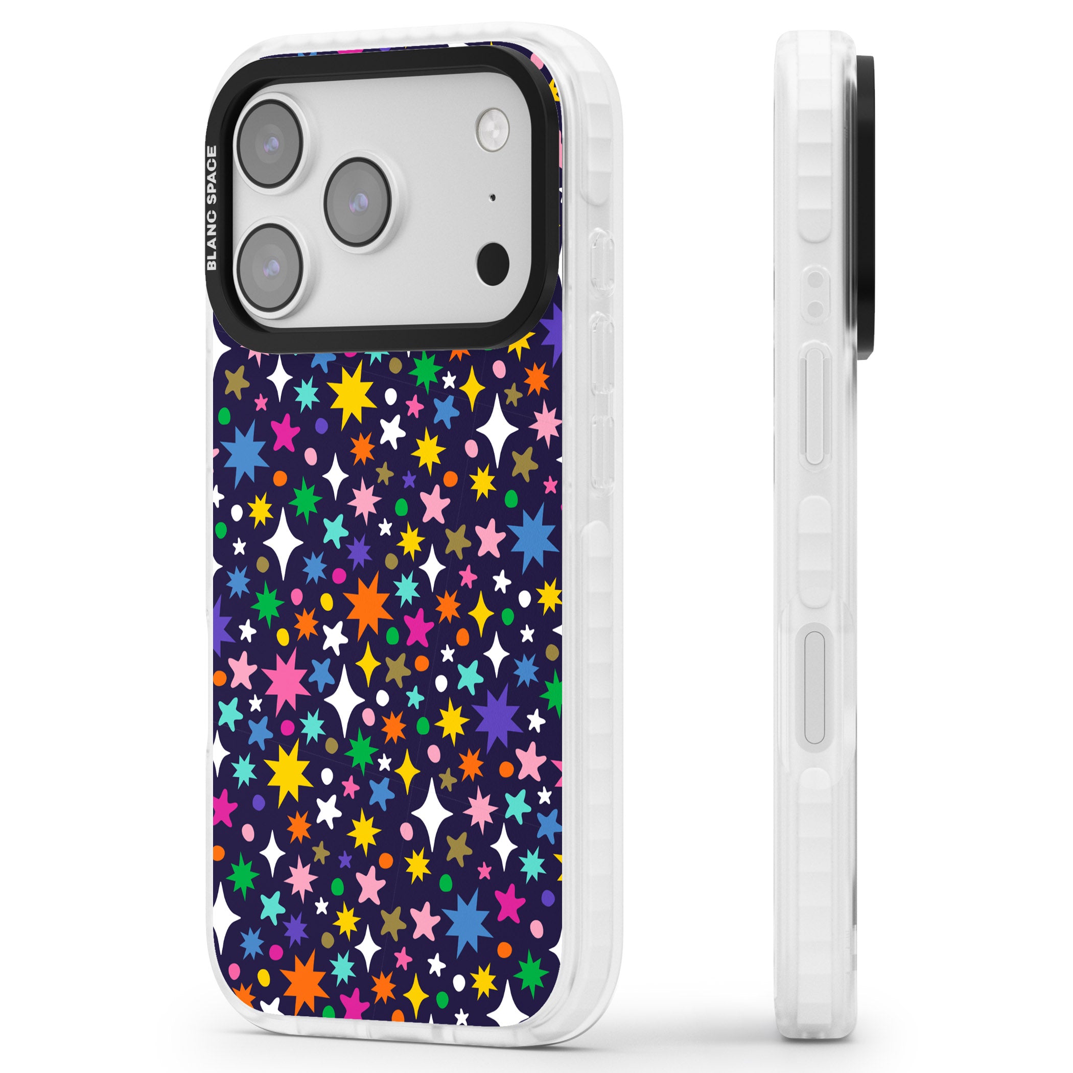 Rainbow Starburst (Purple) iPhone 17 Pro Max Impact Clear Phone Case Side Profile