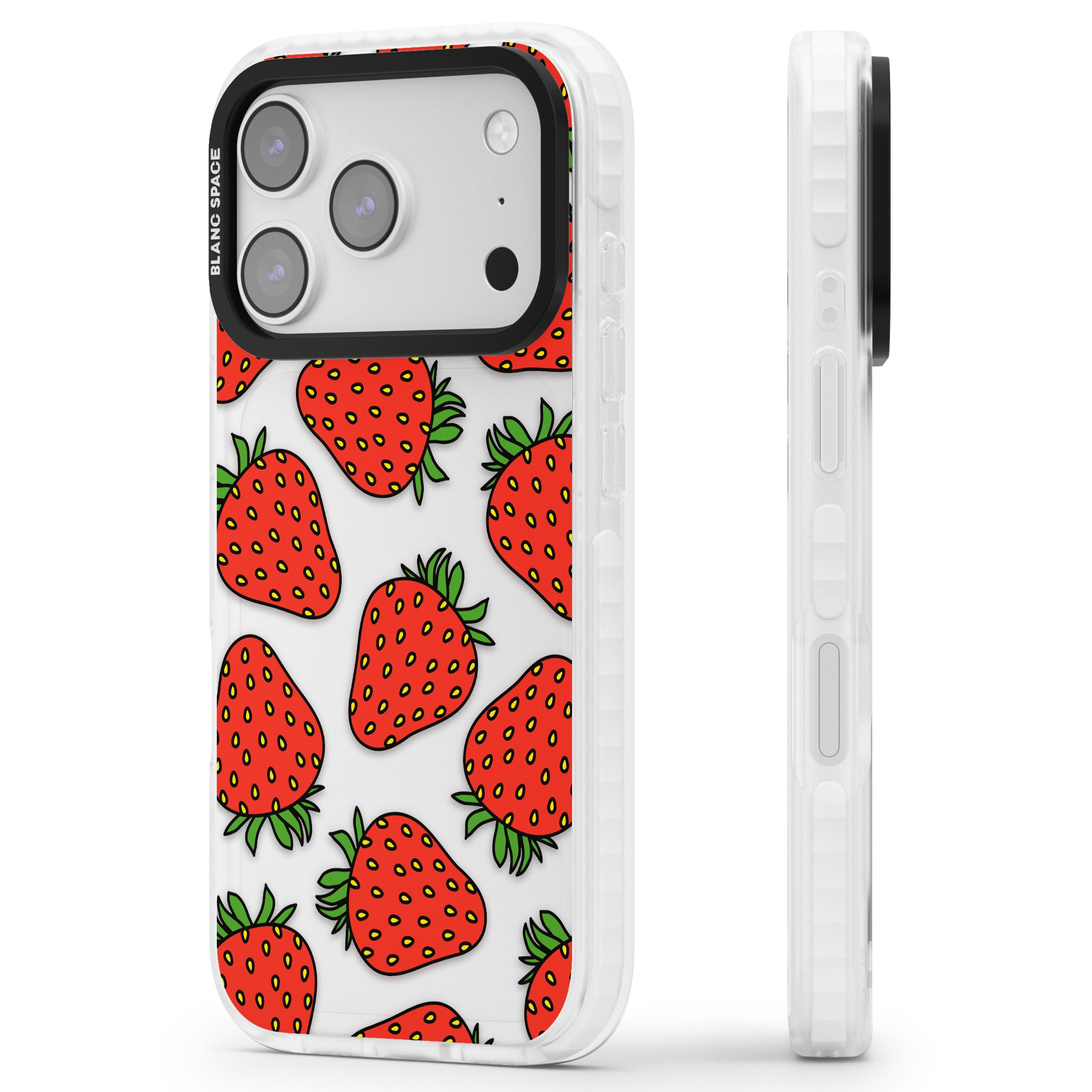 Strawberry Pattern iPhone 17 Pro Max Impact Clear Phone Case Side Profile