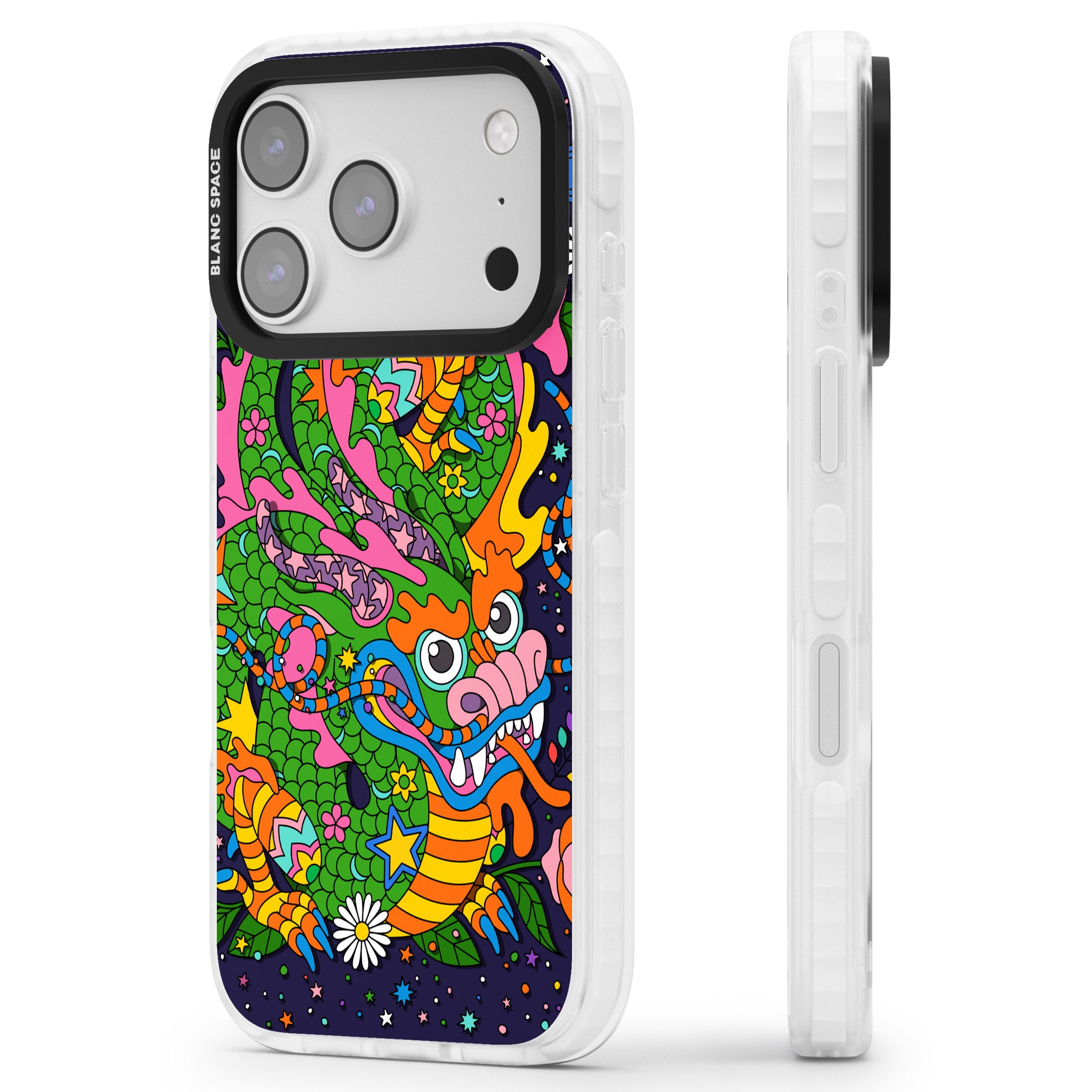 Psychedelic Jungle Dragon (Purple) iPhone 17 Pro Max Impact Clear Phone Case Side Profile