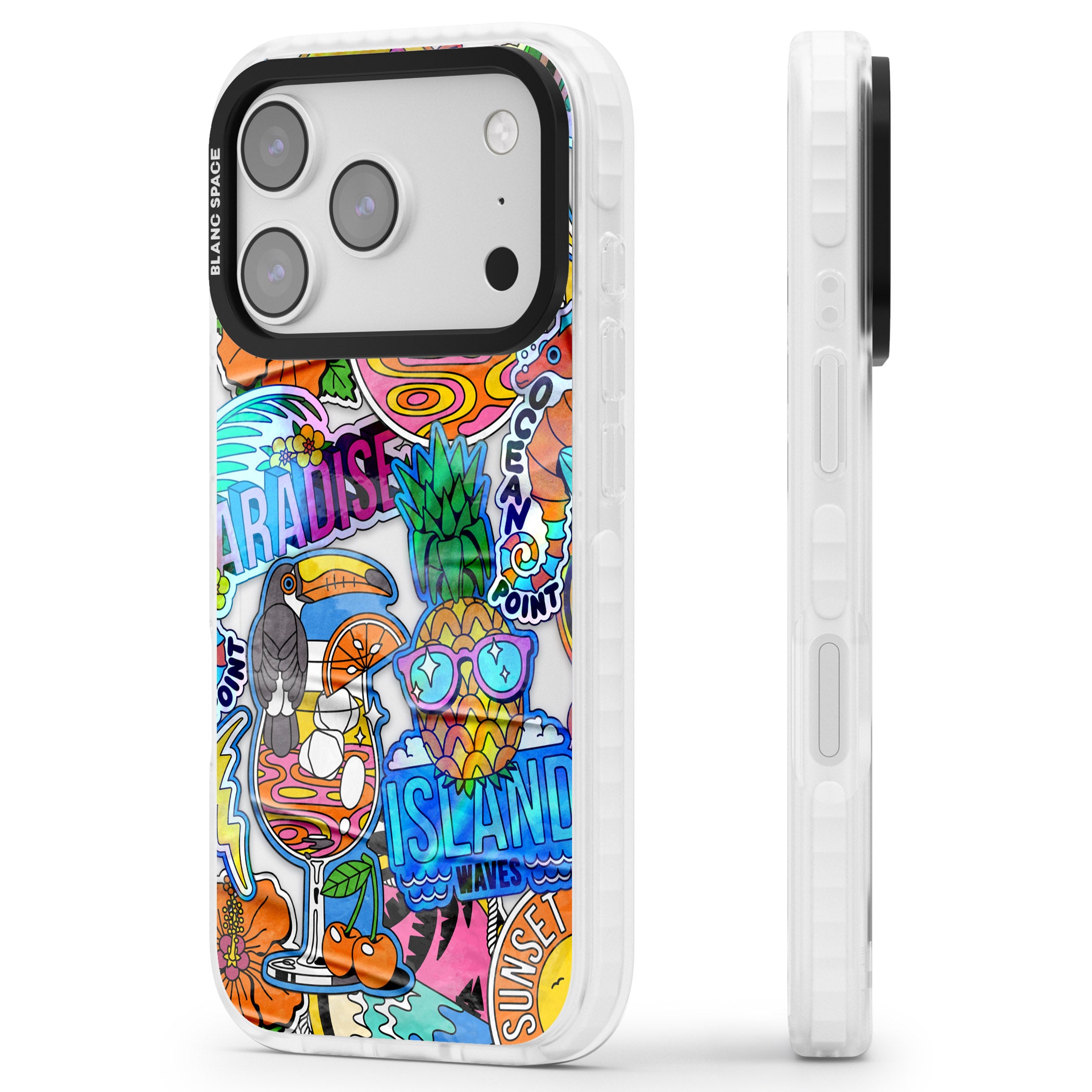 Tropical Vibes Collage iPhone 17 Pro Max Impact Clear Phone Case Side Profile