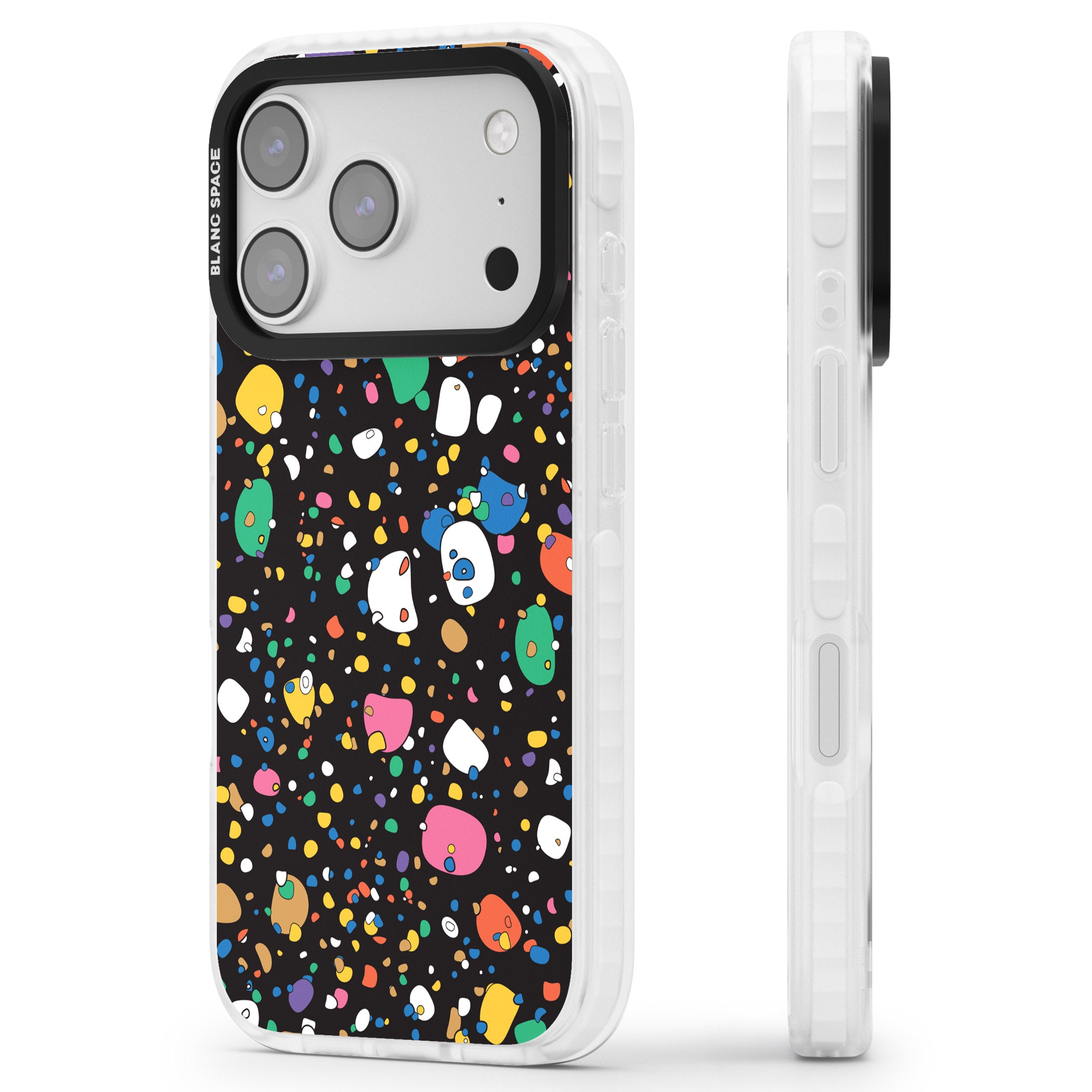 Colourful Confetti Pebbles (Black) iPhone 17 Pro Max Impact Clear Phone Case Side Profile