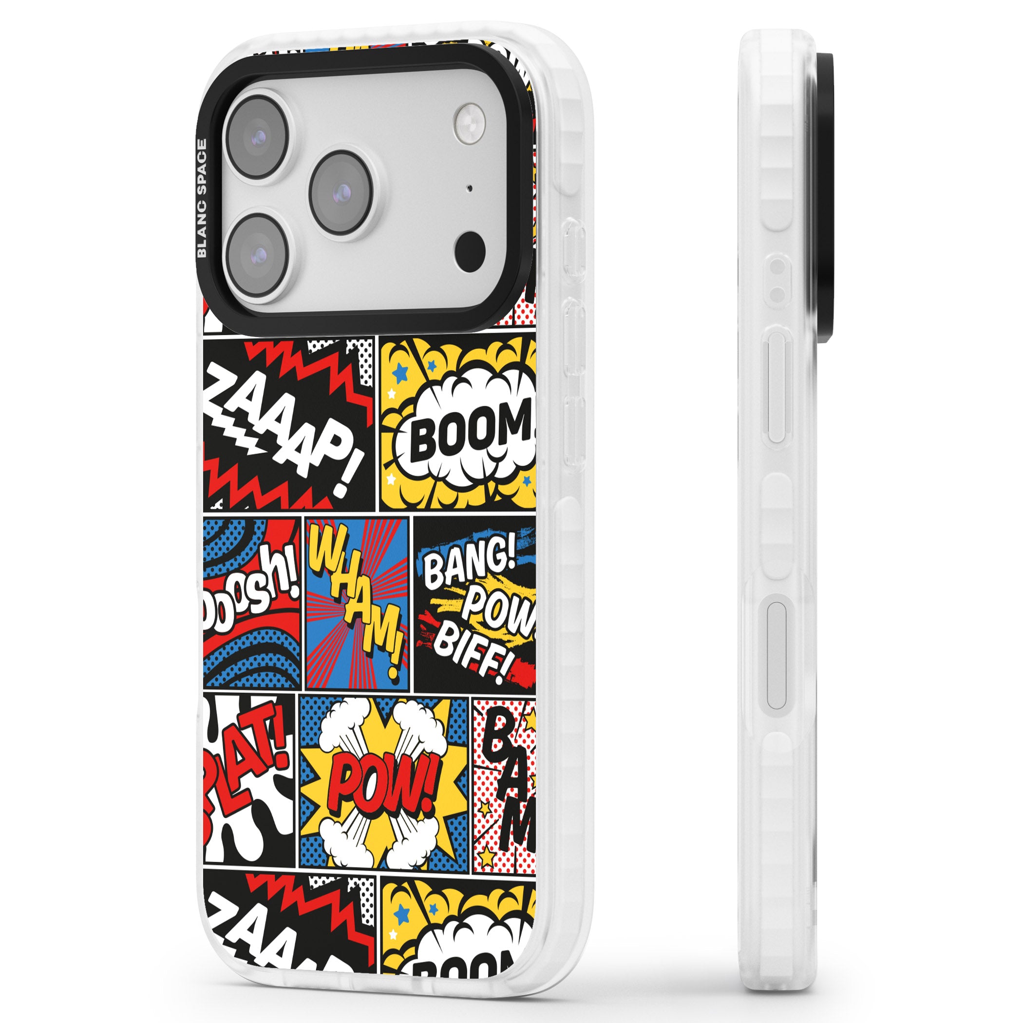 Onomatopoeia iPhone 17 Pro Max Impact Clear Phone Case Side Profile