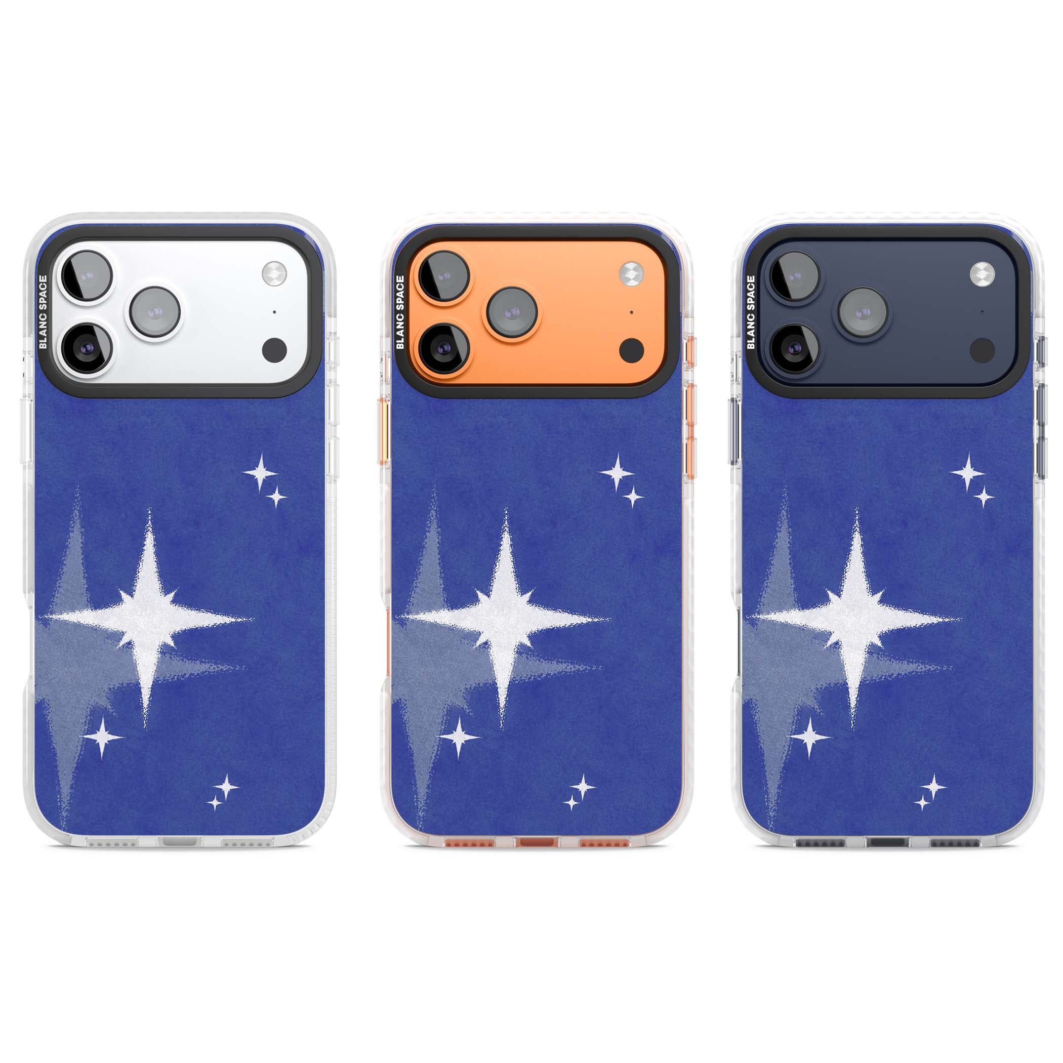 Blue Sparkle celestial iPhone case featuring sparkling silver stars on a deep blue painterly night sky | Black Impact case for iPhone 17 Pro, iPhone 17 Pro Max