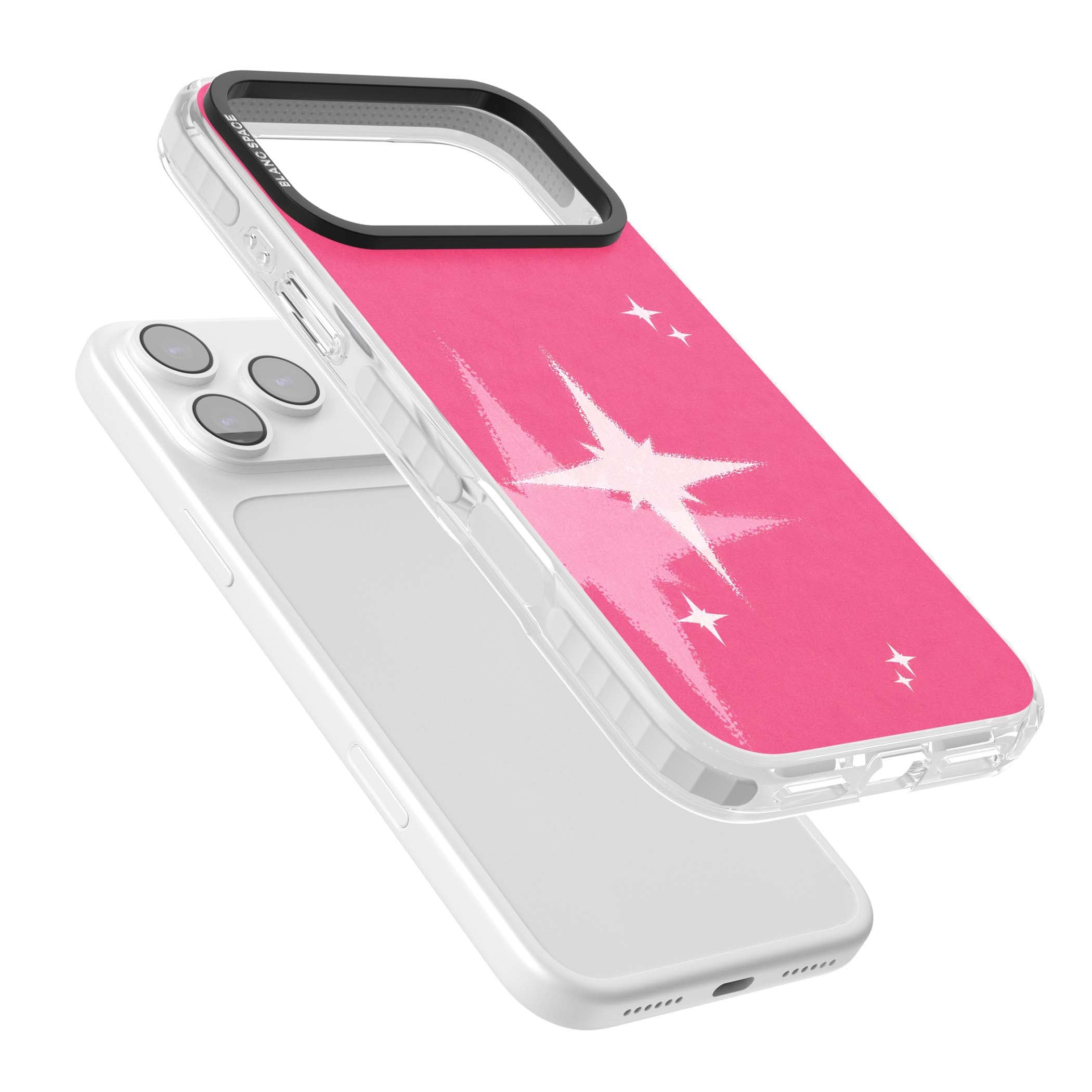 Pink Sparkle Y2K iPhone case featuring hot pink background with shimmering white starburst pattern | Black Impact case for iPhone 17 Pro, iPhone 17 Pro Max