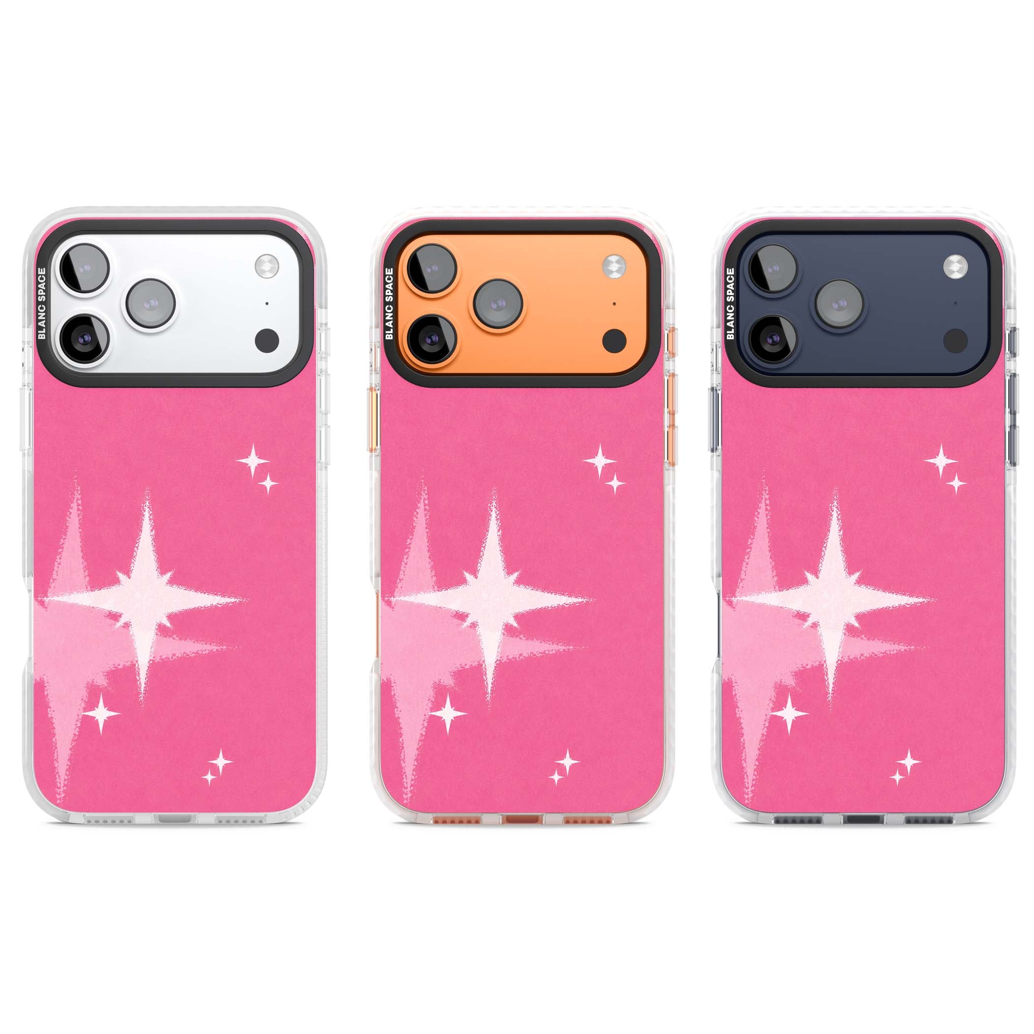 Pink Sparkle Y2K iPhone case featuring hot pink background with shimmering white starburst pattern | Black Impact case for iPhone 17 Pro, iPhone 17 Pro Max