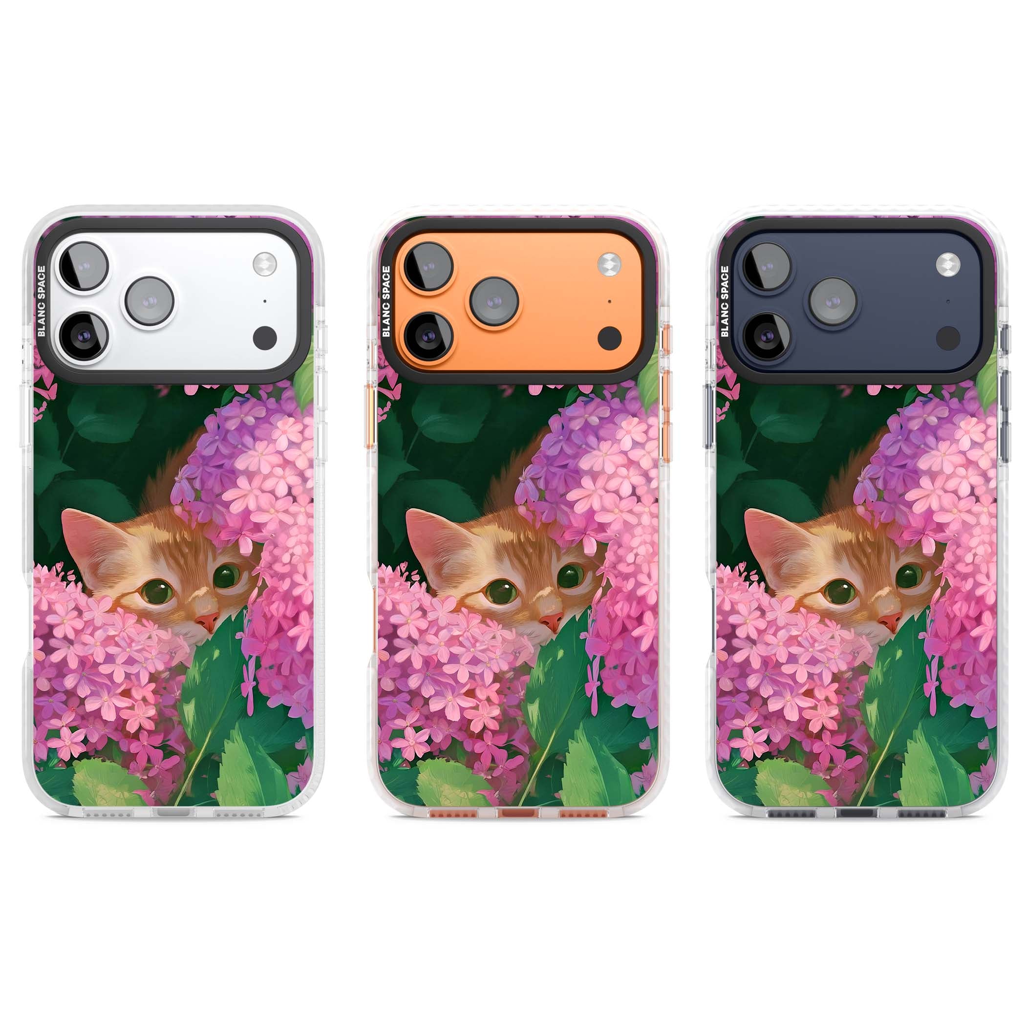 Cat In Pink Flowers cottagecore iPhone case featuring a ginger kitten peeking through lilac and pink hydrangea flo | Black Impact case for iPhone 17 Pro, iPhone 17 Pro Max