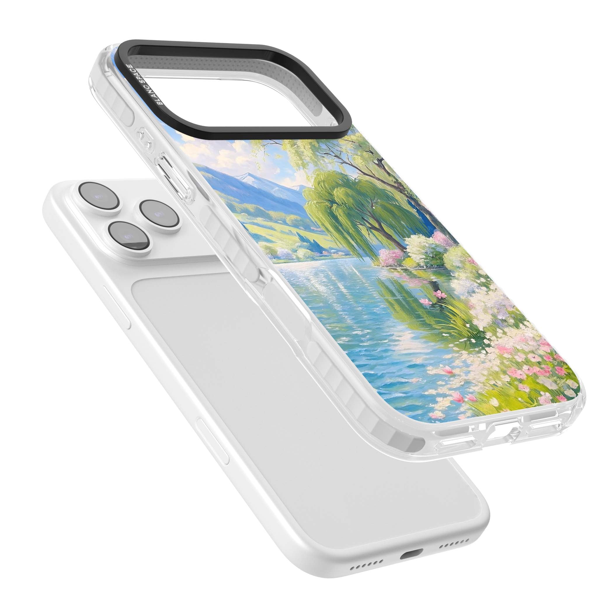 Willow Lake cottagecore iPhone case featuring a painted lakeside with weeping willow, blossoms and distant mountains | Black Impact case for iPhone 17 Pro, iPhone 17 Pro Max